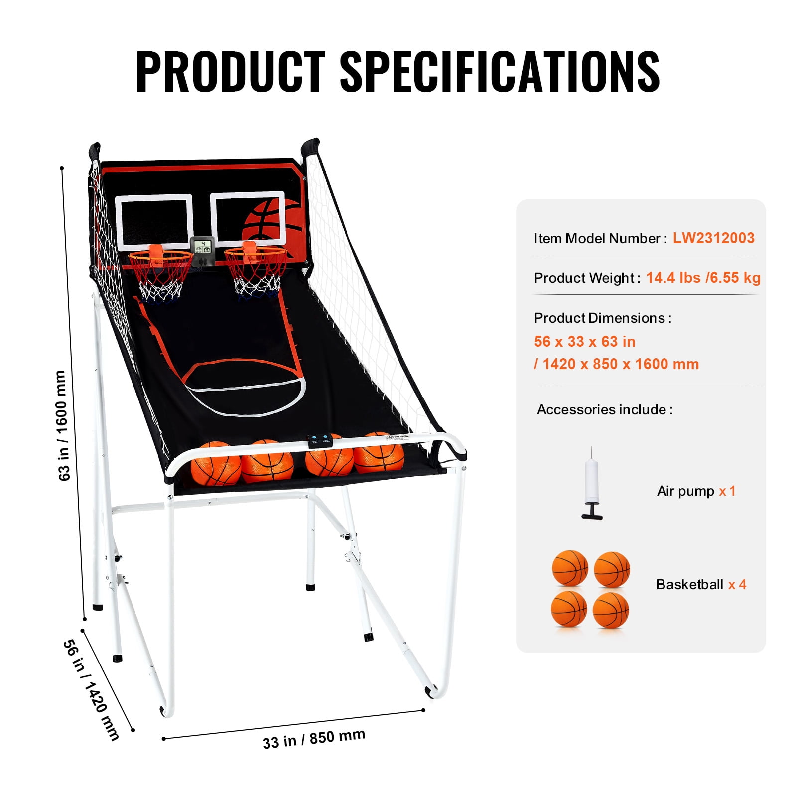KFFKFF Foldable Basketball Arcade Game, 8 in 1 2 Players 4 Balls Indoor Double Shot Basketball Arcade Game w/ Electronic Scoreboard, 56x33x63 in - Image 7