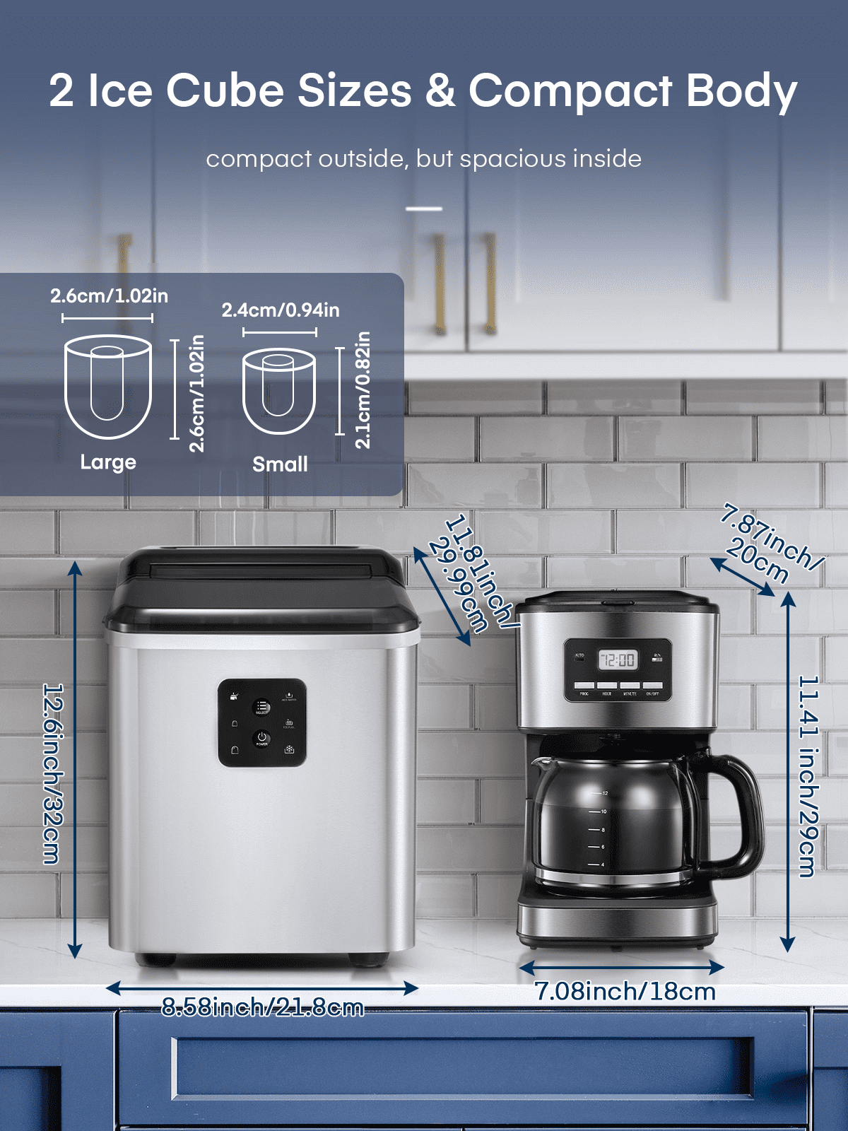 FOHERE Ice Maker Countertop 2 Sizes, 28lbs in 24h, 9 Bullet Ice in 6M, Selfclean, Stainless Steel - Image 3