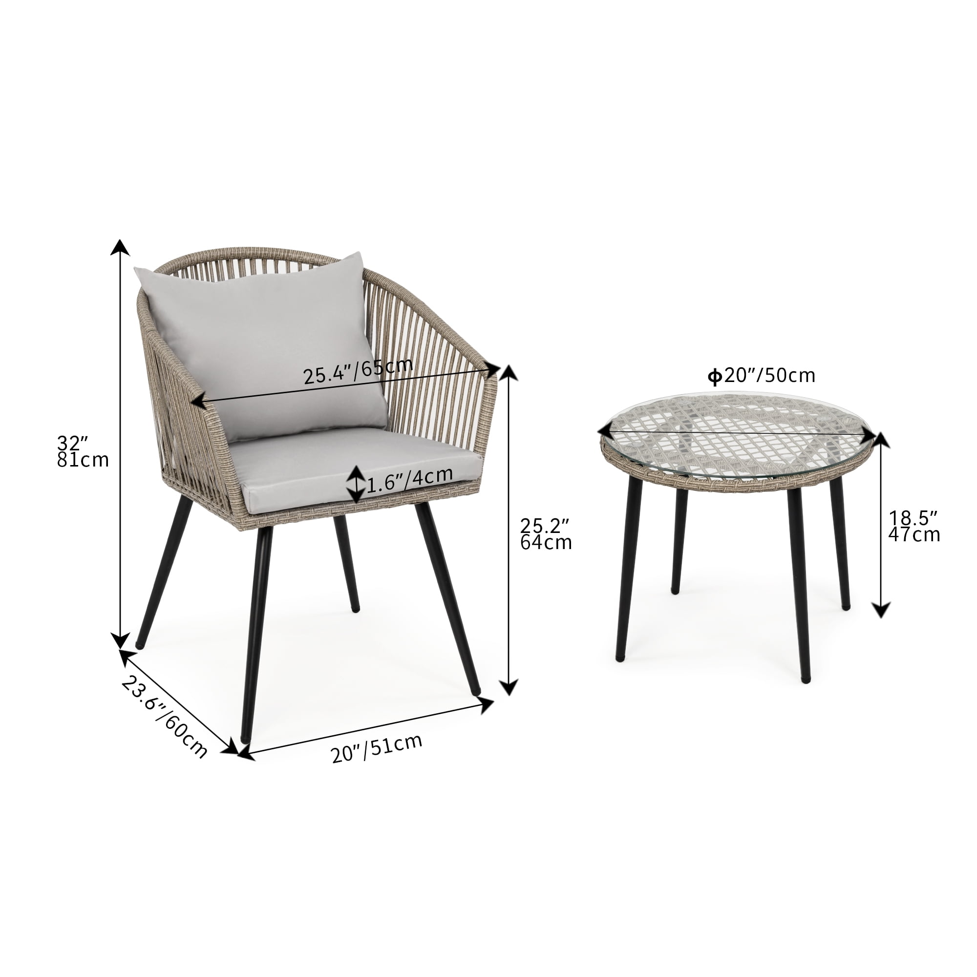 Dextrus 3-Piece Compact Rattan Wicker Outdoor Patio Set with Cushions and Glass Side Table, Gray - Image 5