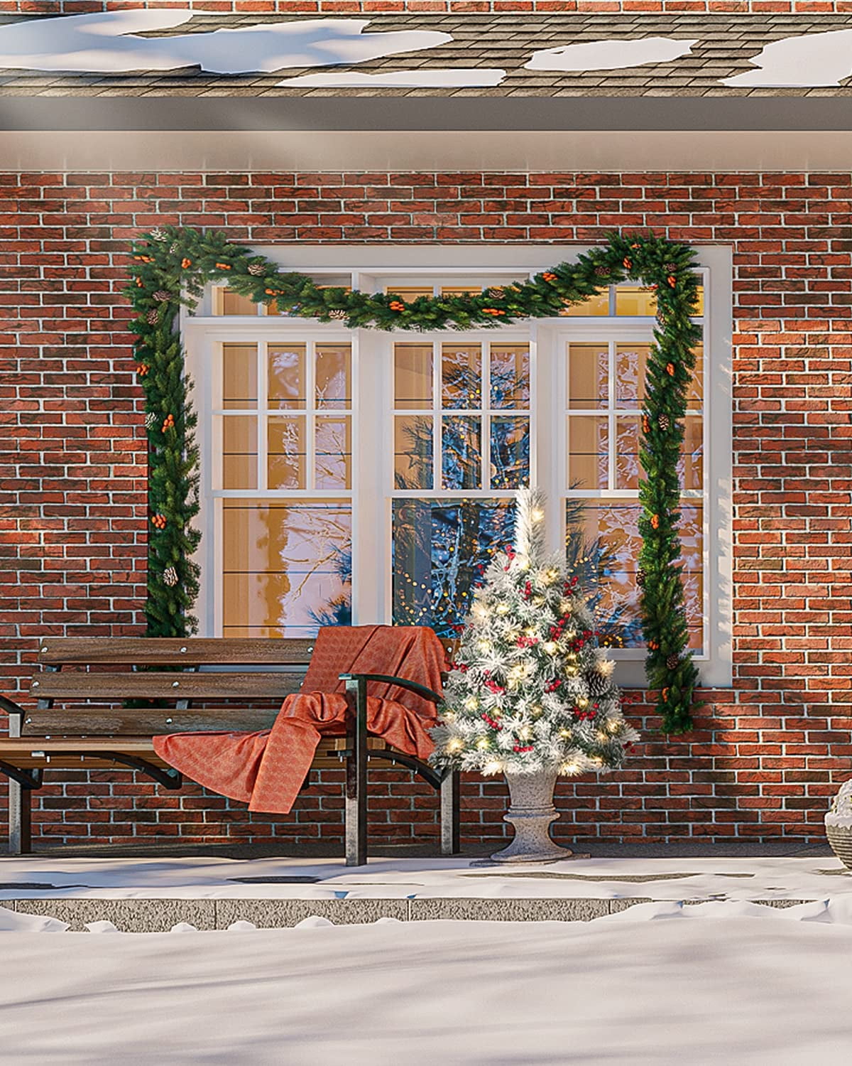 OasisCraft 24 Inch Outdoor Christmas Tree 2 Set, Pre-lit Mini Flocked Christmas Tree Artificial Pathway Xmas Tree 50 LED with Red Berries, Pinecones for Porch Holiday Decor, Green - Image 8