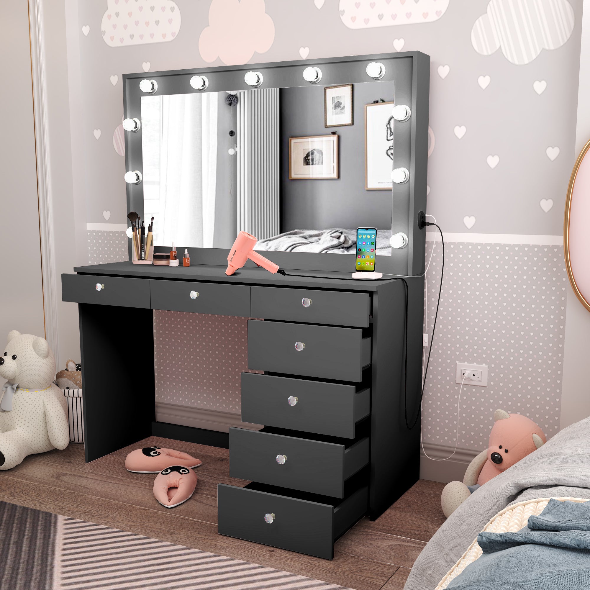 Ember Interiors Modern Black Painted Makeup Vanity Table with Crystal Knobs for Bedroom - Image 5
