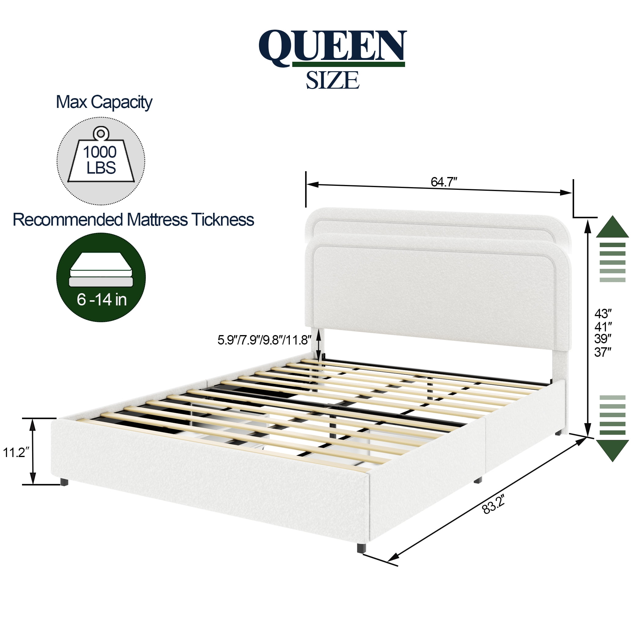 Miniyam Queen Size Upholstered Bed with 4 Drawers & Stitched Tufted Headboard for Adult, White - Image 7