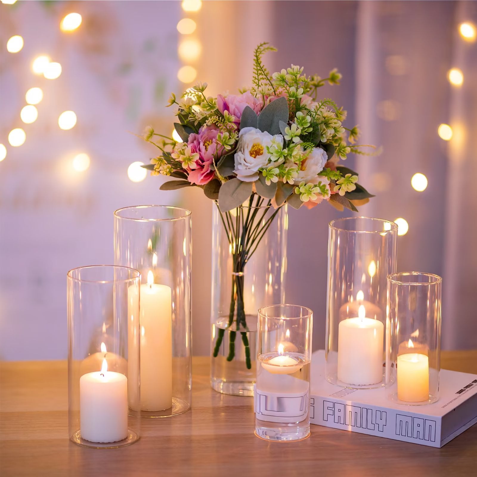 Glasseam Set of 12 Clear Glass Cylinder Vases Hurricane Pillar Candle Holders, 6", 8" & 10" - Image 2