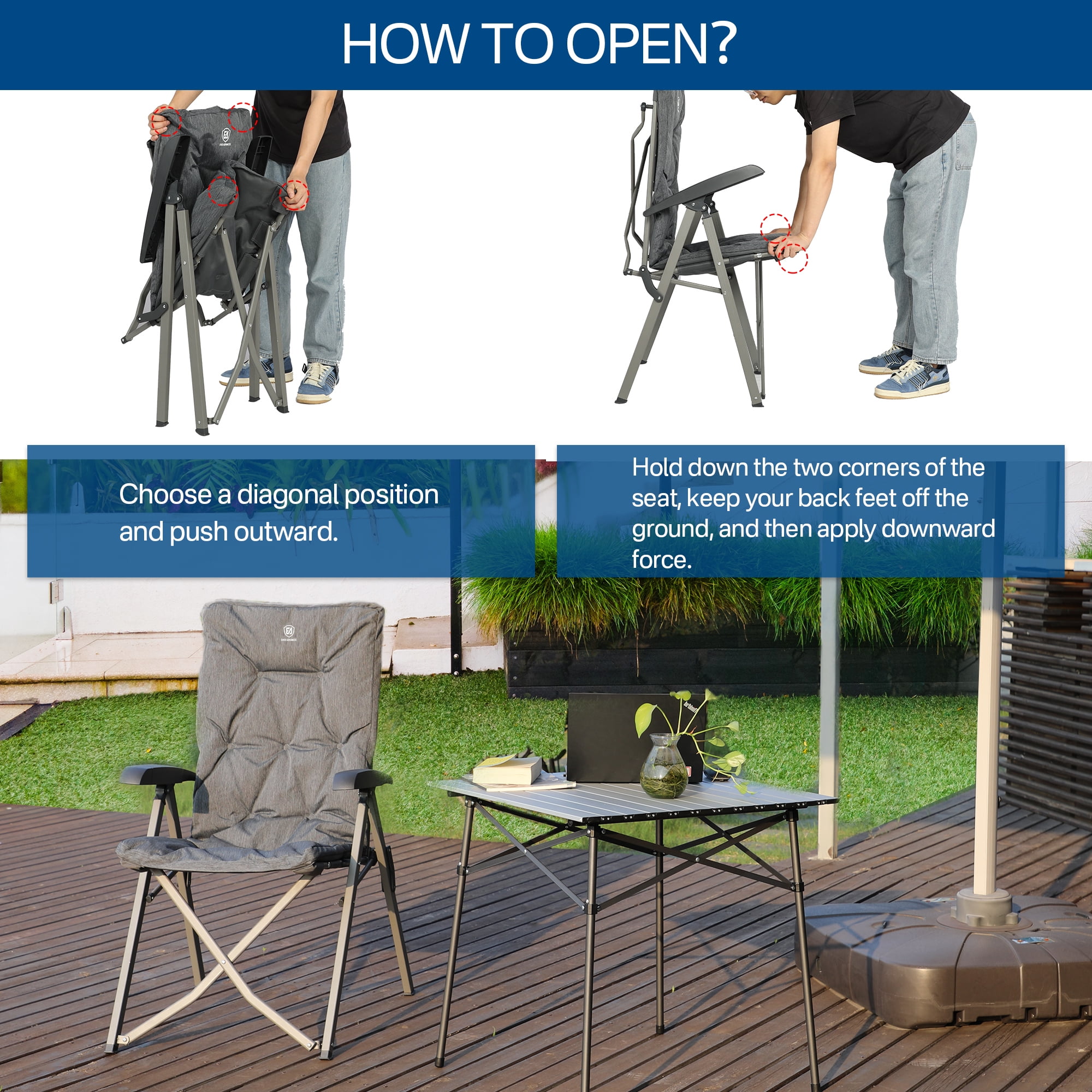 Padded Camping Recliner Chair, Adjustable Folding Reclining Chair with High Back, Supports 300 lbs, Gray - Image 4