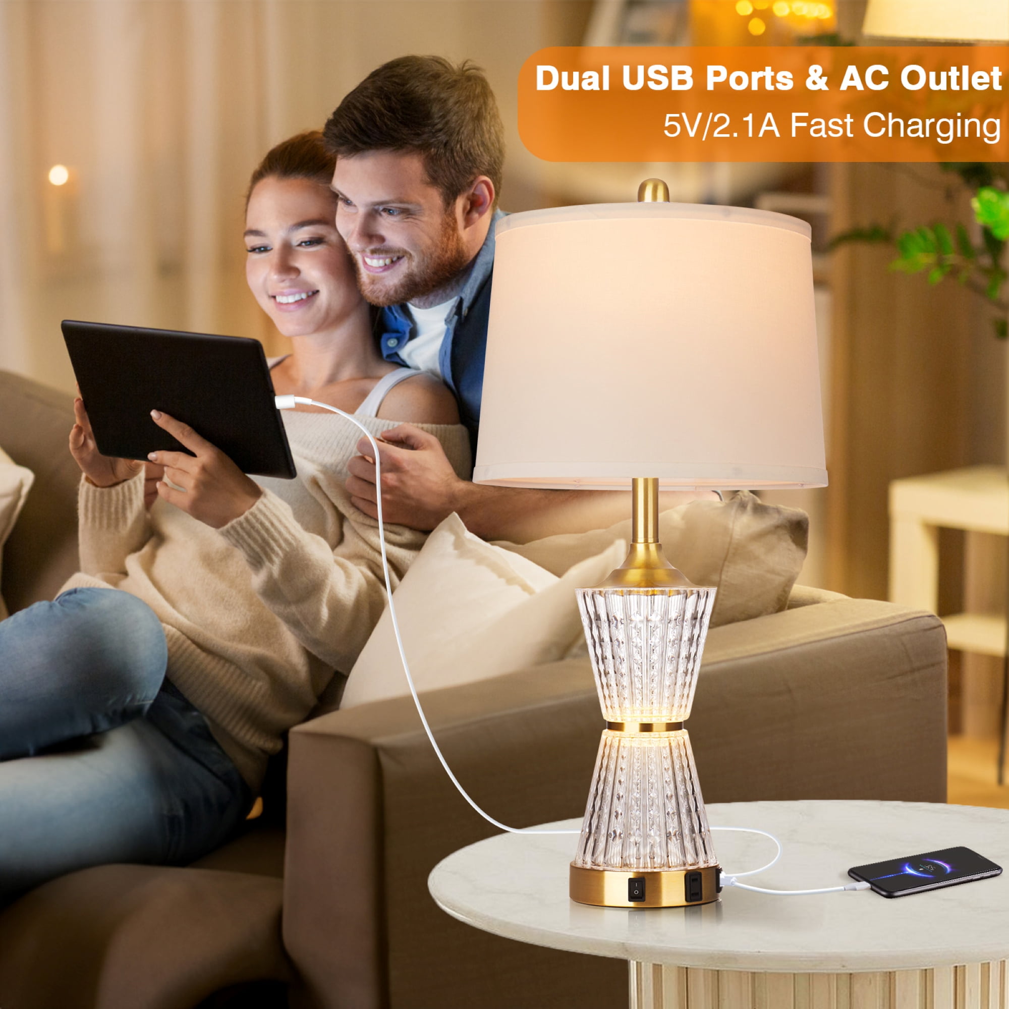 Cinkeda Gold Acrylic Night-light Table Lamp 2in1 with 2 USB Charging Ports An AC Outlet Rotary Switch & Rocker Switch (Set of 2) - Image 2