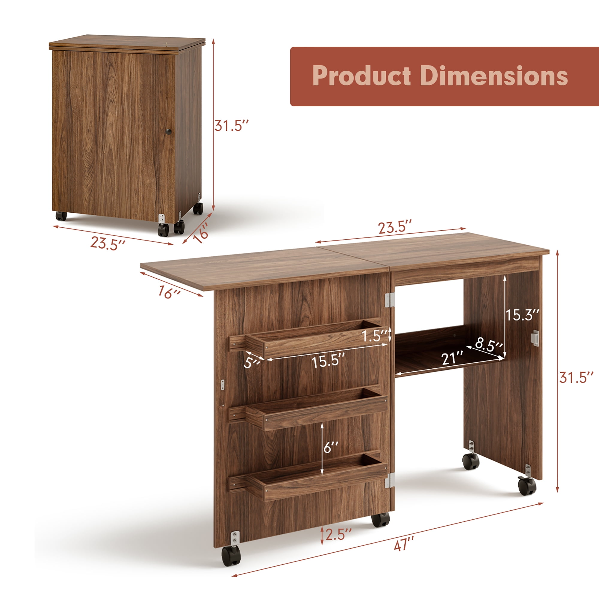 Gymax Folding Sewing Craft Table Shelf Storage Cabinet Home Furniture W/Wheels Brown - Image 5
