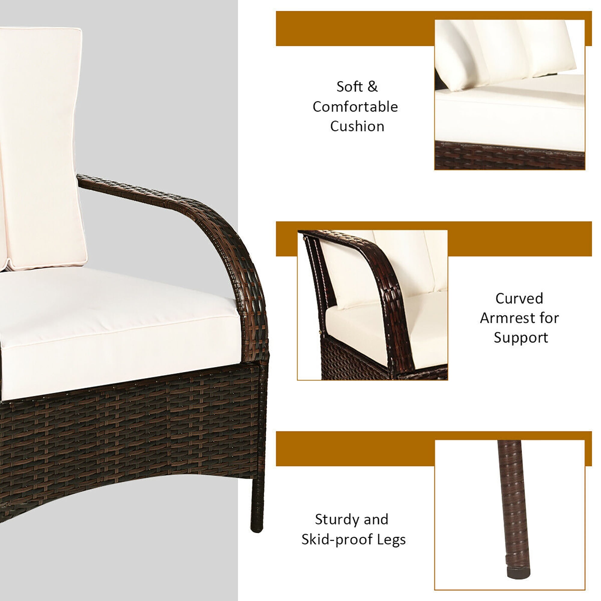 Costway 3 PCS Patio Wicker Rattan Furniture Set Coffee Table & 2 Rattan Chair W/Cushions-White - Image 3