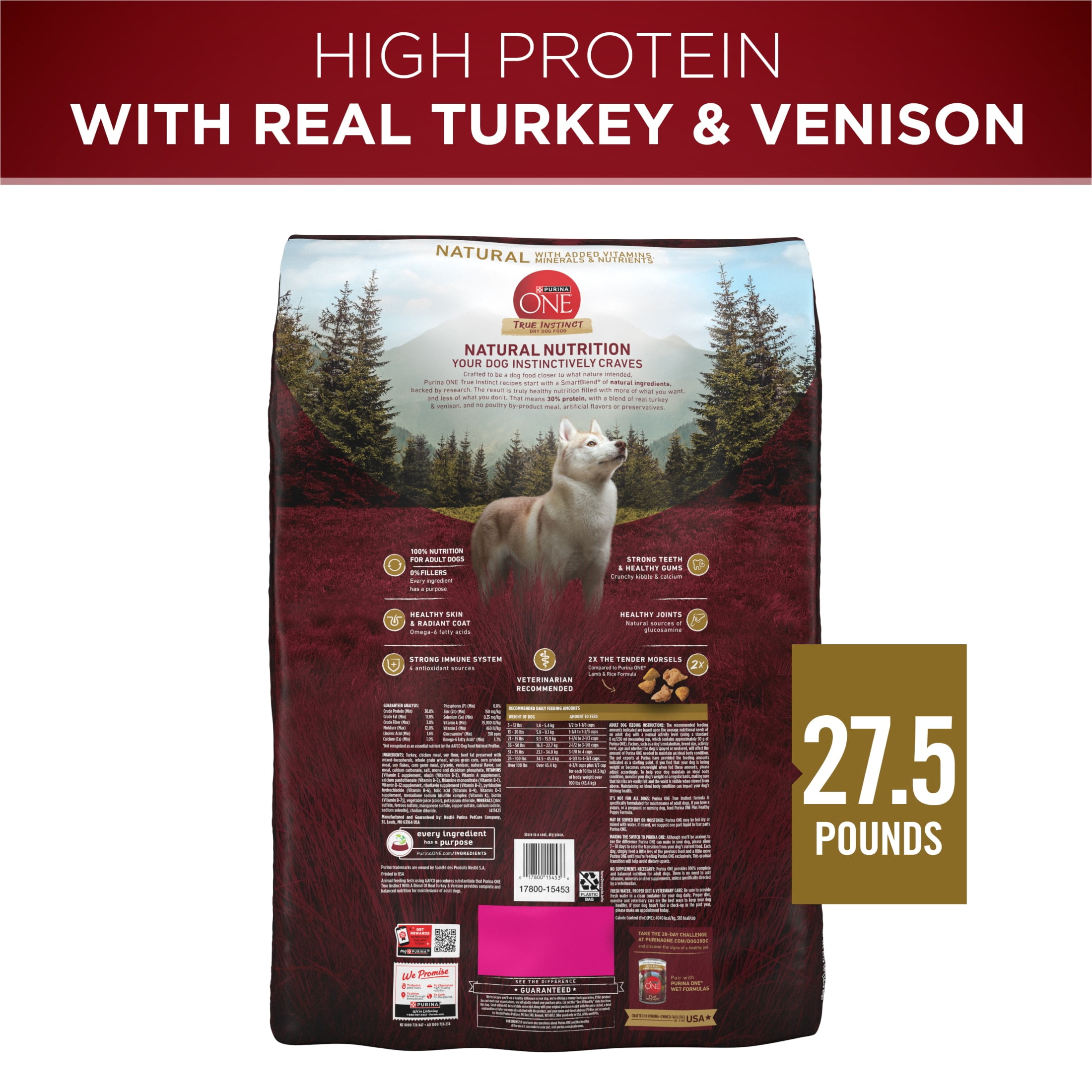 Purina One True Instinct Dry Dog Food for Adult Dogs, High Protein Real Turkey & Venison, 27.5 lb Bag - Image 2