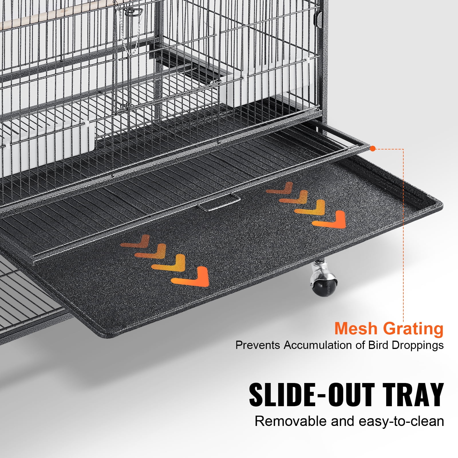 VEVOR 52'' Standing Large Bird Cage with Rolling Stand and Castor Wheels, Rolling Metal Birdcage with 3 Perches and 4 Feeders, Large Wrought Carbon Steel Birdcage for Parakeets, Pigeons, Finches - Image 7