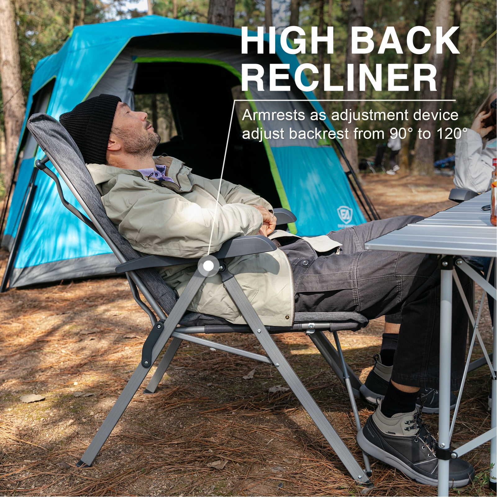 Padded Camping Recliner Chair, Adjustable Folding Reclining Chair with High Back, Supports 300 lbs, Gray - Image 6