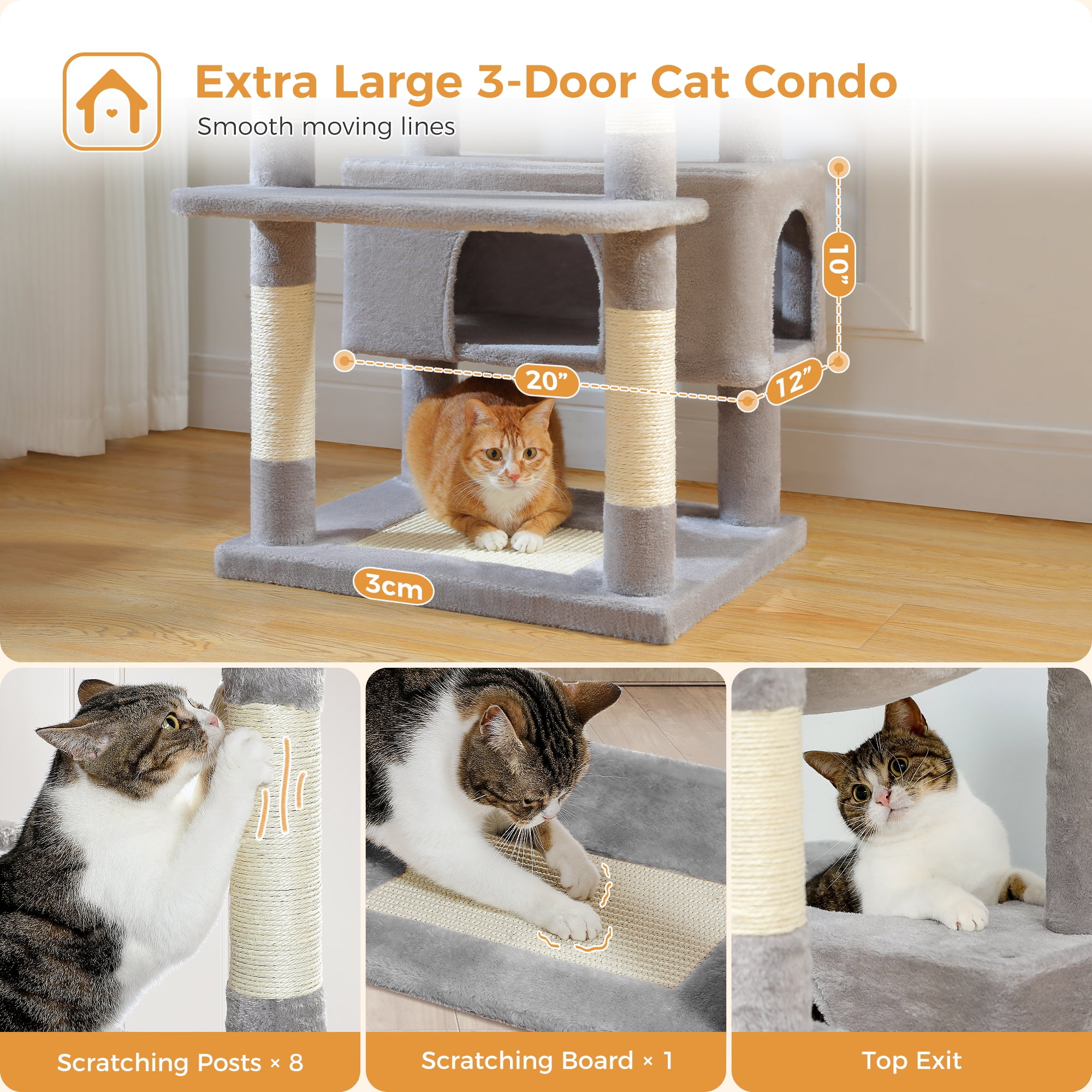 PAWZ Road 73"Cat Tree for Large Cats Multi Level Play Tower Condo 7 Sisal Cat Scratching Posts Gray - Image 3