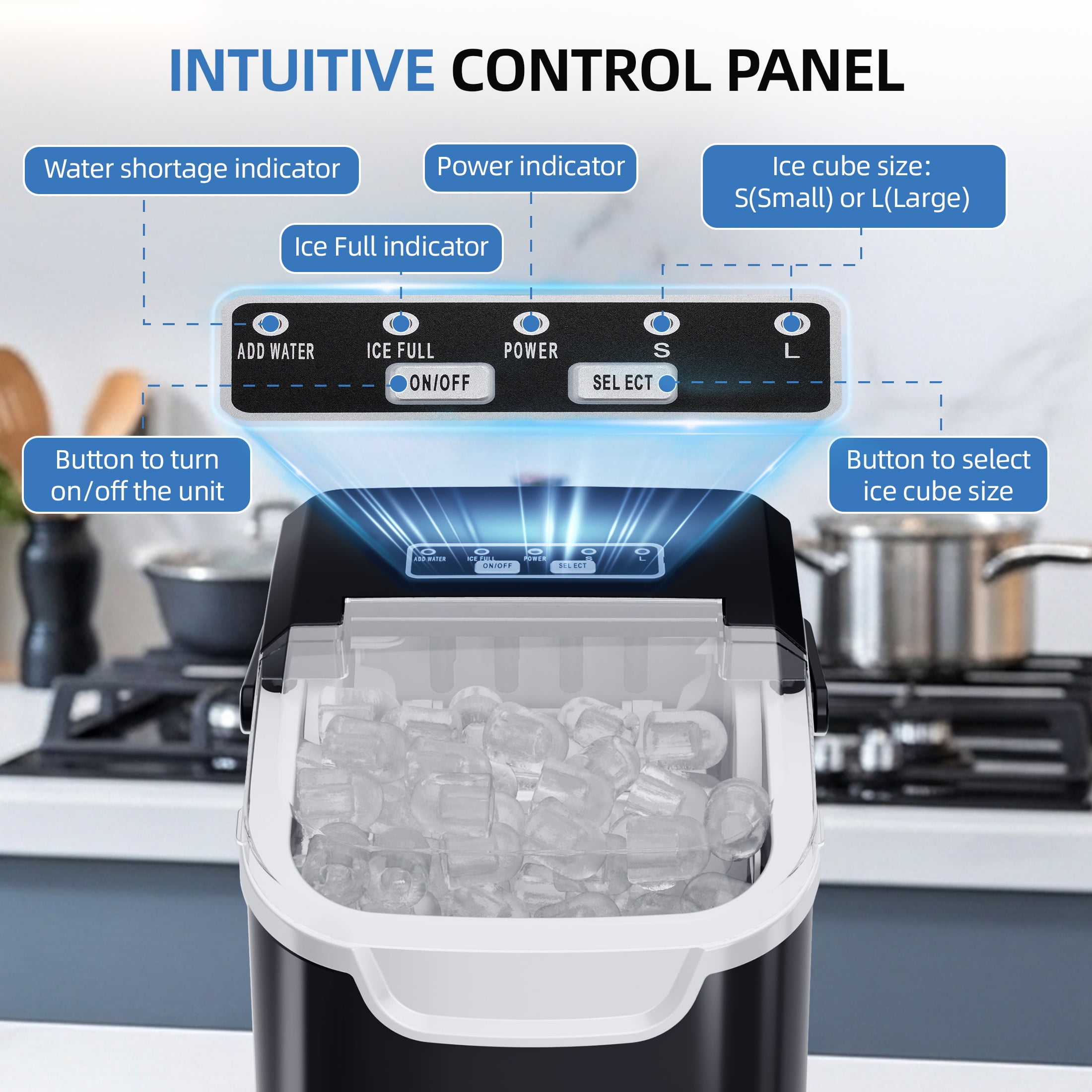 Auseo Countertop Ice Maker, 2 Sizes of Bullet Ice, 26Lbs/24H, 8 Ice Cubes in 6 Mins, Portable Ice Machine with Self-Cleaning for Home/Party/Travel/Camping (Black) - Image 4