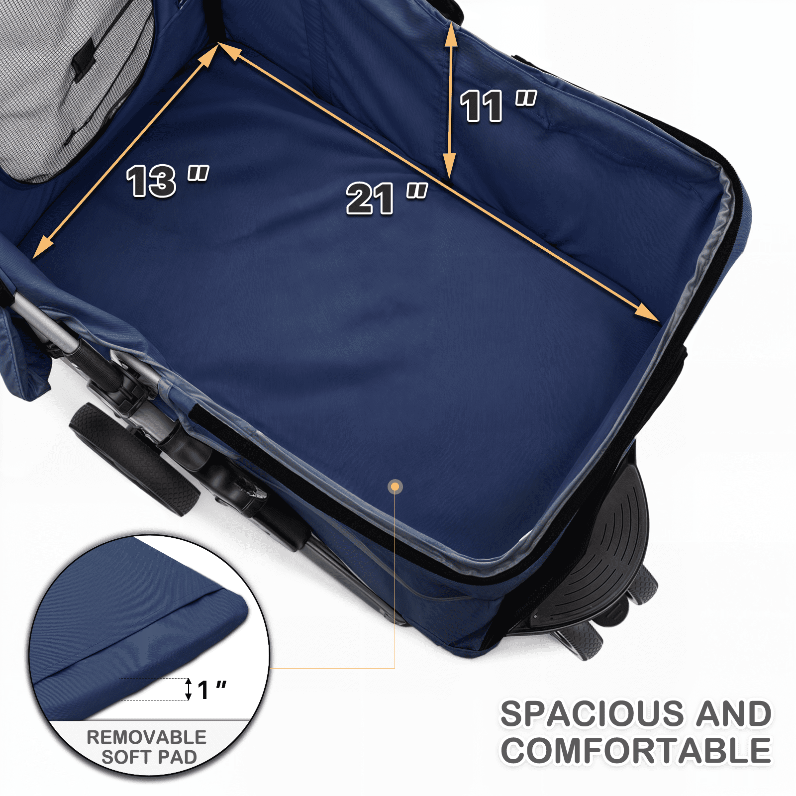 MoNiBloom 3 Wheel Folding Pet Dog Stroller, Foldable Lightweight Trolley with Storage Basket, Cup Holder and 360° Rotating Front Wheel for Small Medium Dogs, Navy Blue - Image 12