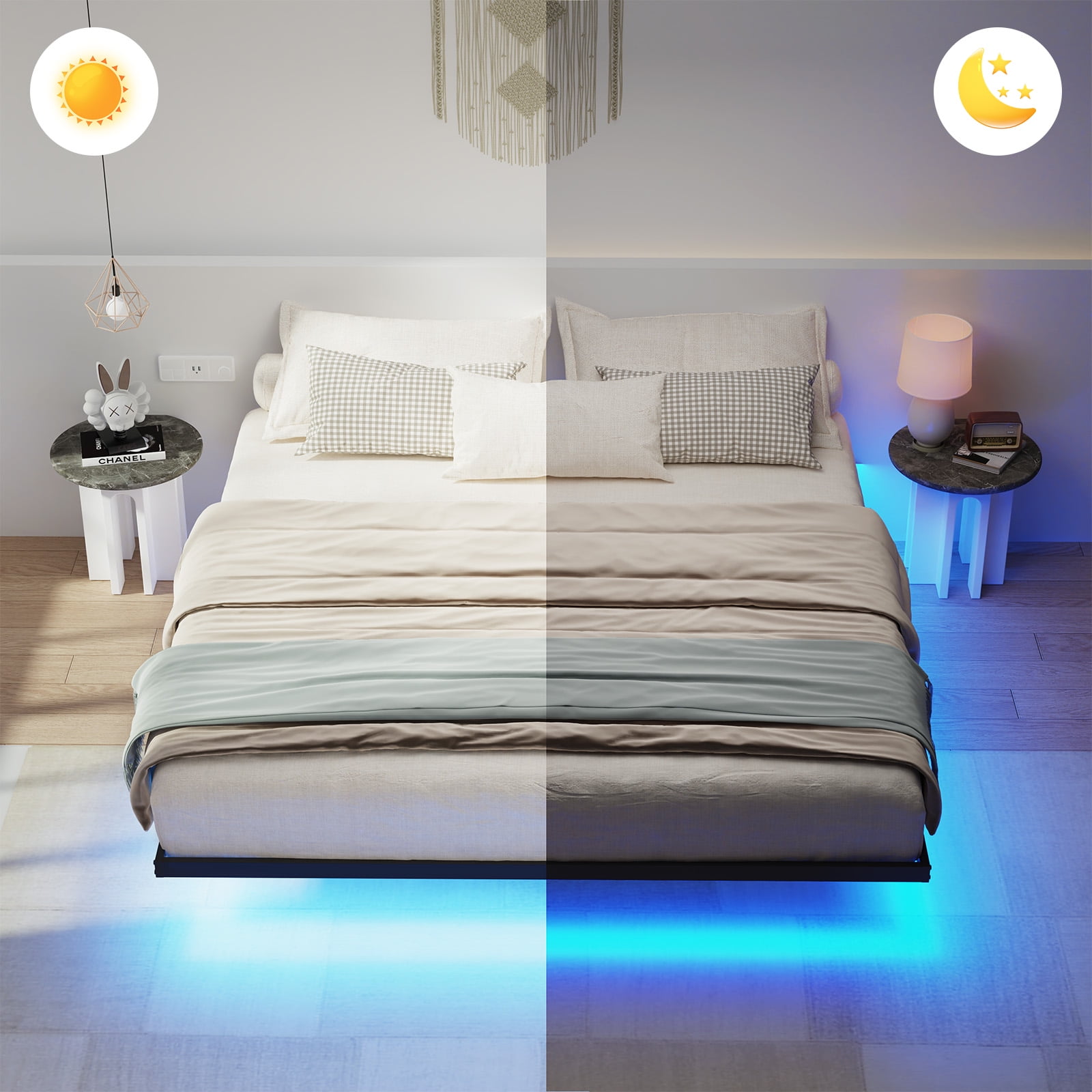 Lusimo King Size Floating Bed Frame with LED Lights Bed Storage Metal Platform Bed Frames with Steel Slat Support Anti-Slip Easy Assembly, Black - Image 5