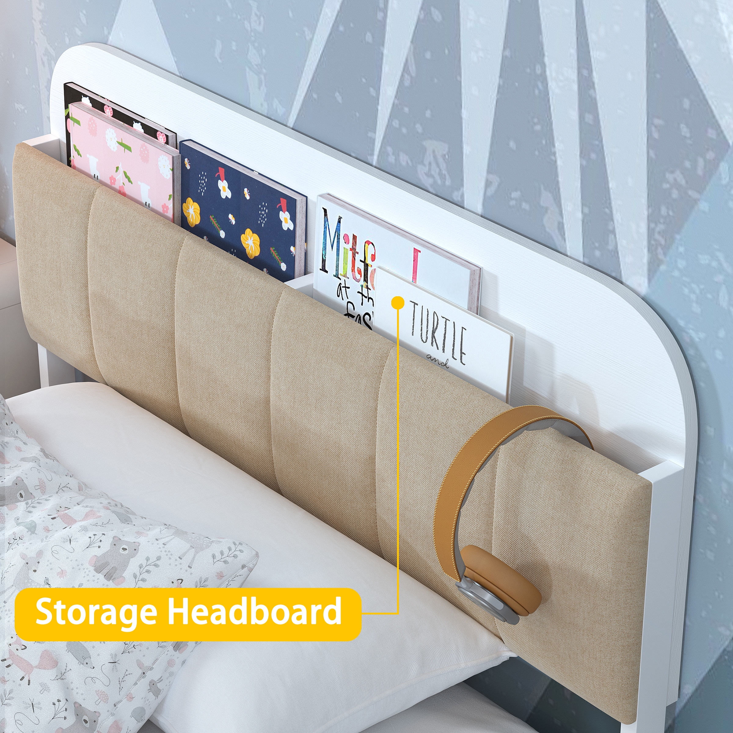 Yoneston Kids Twin Platform Bed with Upholstered Bookcase Headboard Storage Shelves, Metal Bed Frame Easy Assembly for Boys Girls Teens, White - Image 2