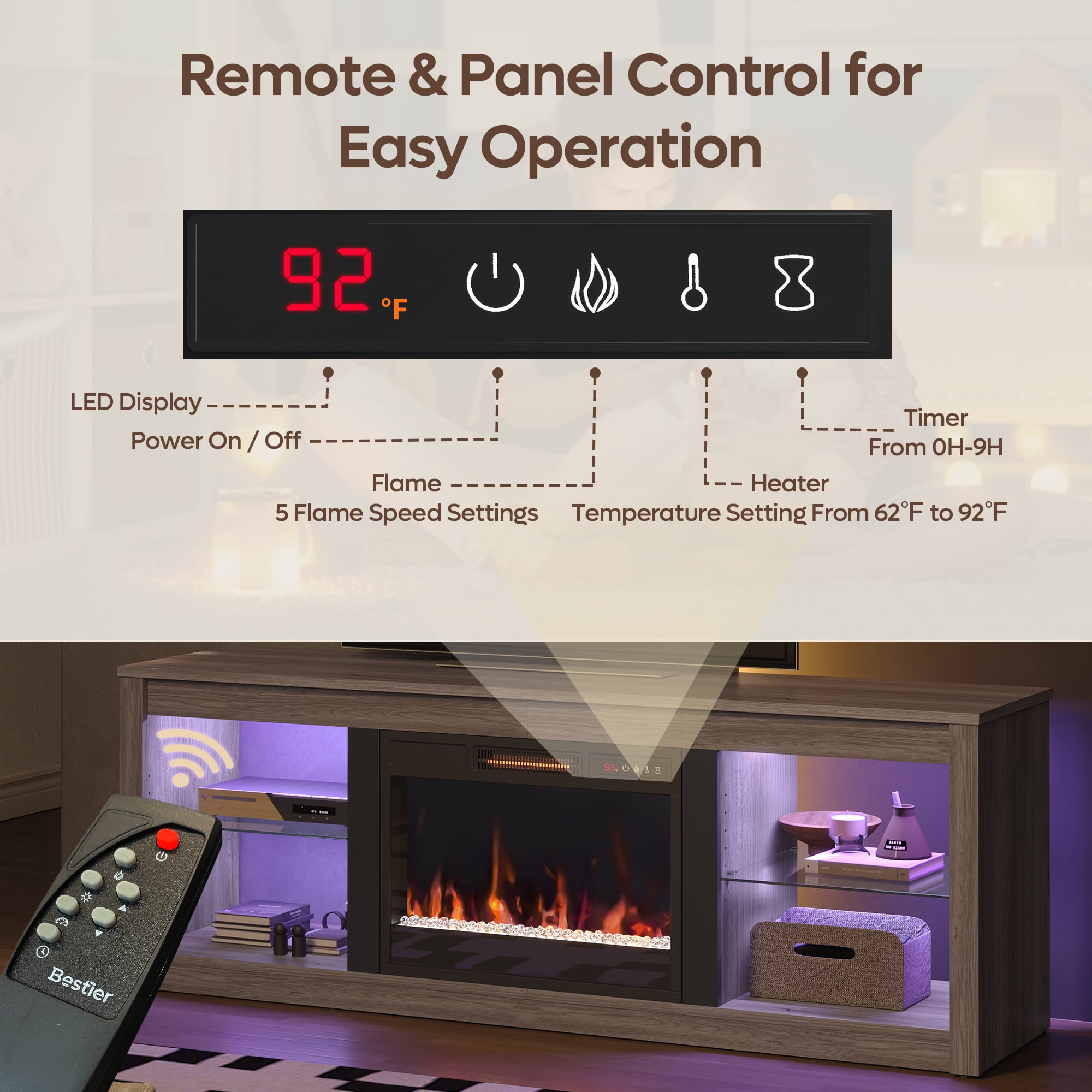 Bestier Modern Electric 7 Color LED Fireplace TV Stand for TVs up to 70", Pine - Image 5