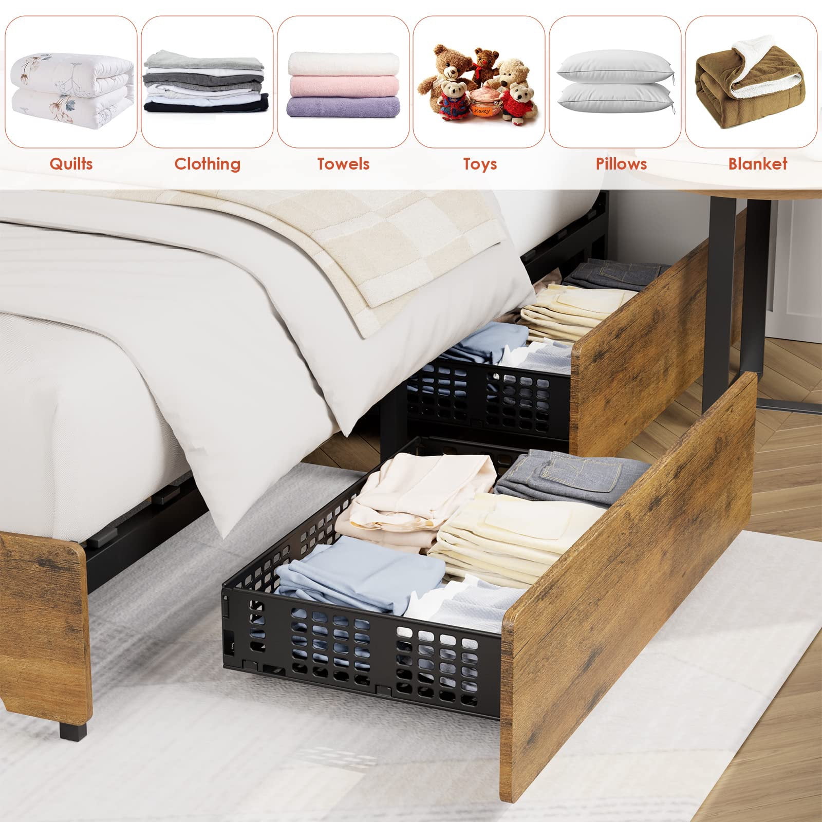 Homfa Full Size Bed Frame with 4 Storage Drawers, Industrial Wood and Metal Panel Headboard, Rustic Brown - Image 2