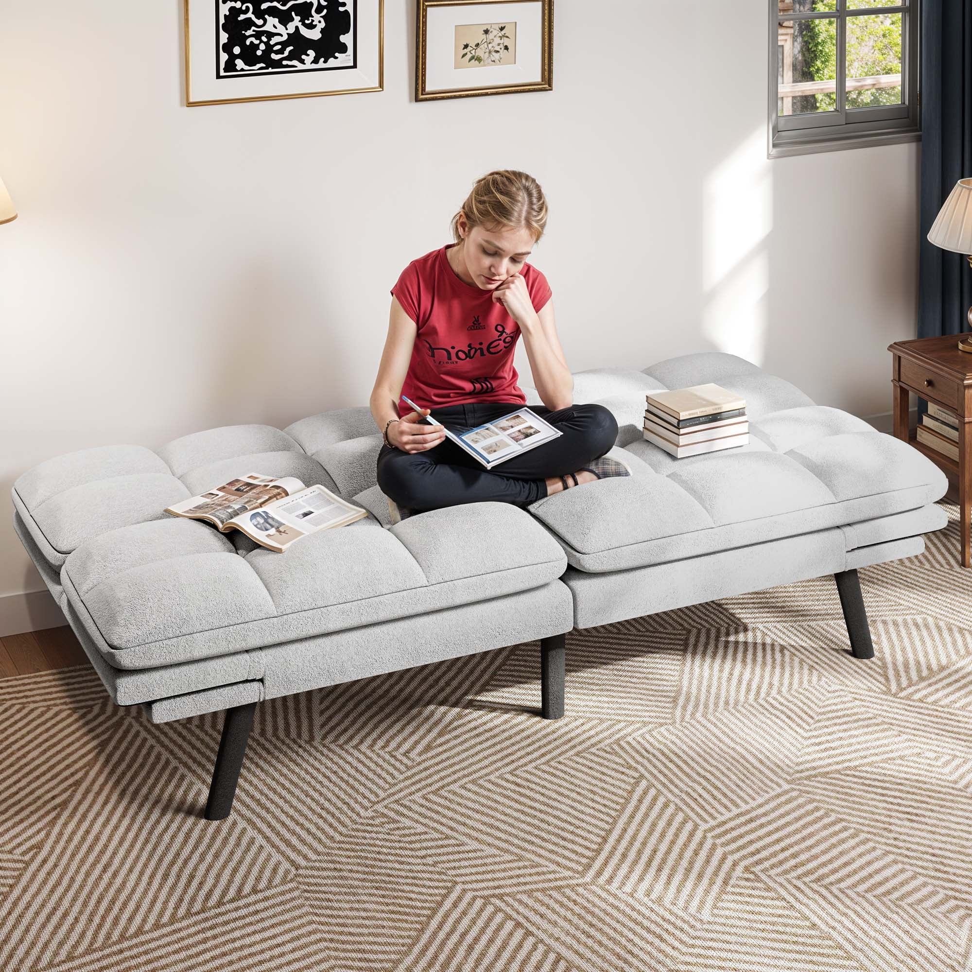 Uforic 70" Deep Futon Convertible Sofa Bed with Adjustable Backrest and Armrest, Cat-Scratch-Proof Fabric Sleeper Couch, Beige - Image 9