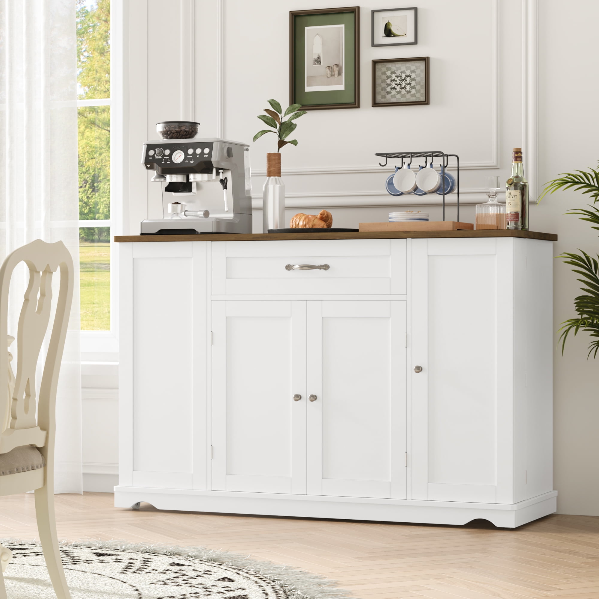 Homfa Kitchen Island with Wheels & Adjustable Shelf, 2 Drawer Modern Buffet Cabinet Sideboard Coffee Bar for Dining Room Living Room, White - Image 6