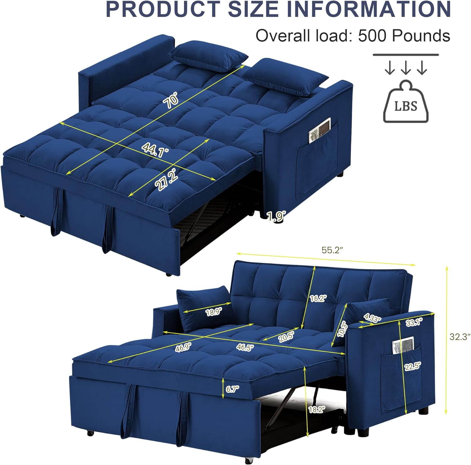 DEALTOPS Loveseat Sleeper Sofa Bed, Pull-Out Couch - Full Size Blue - Image 7