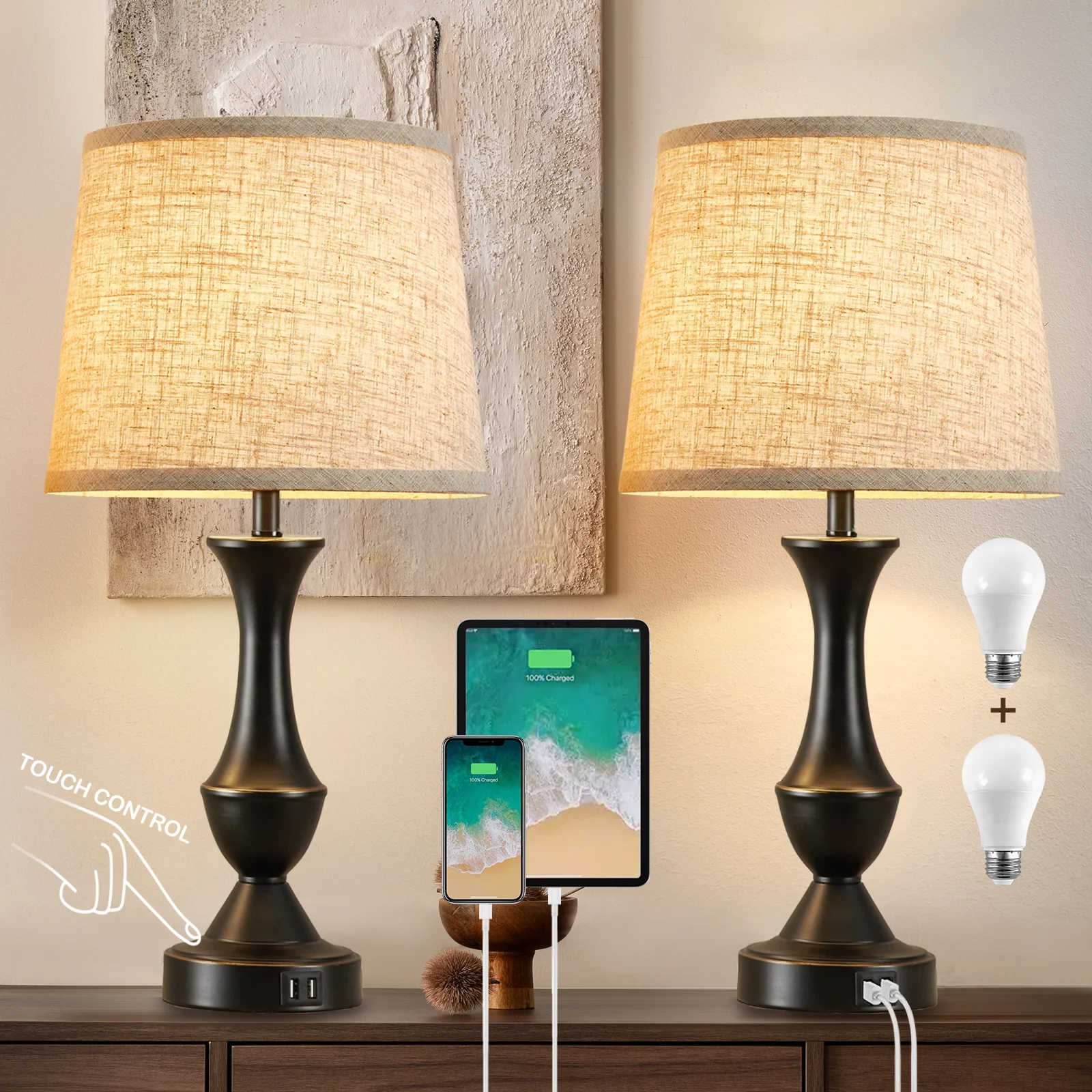 Natyswan Touch Lamps for Bedrooms Set of 2, Bedside Lamp with Dual USB Charging Ports, 3 Way Dimmable Nightstand Lamps with Premium Linen Fabric Lampshade for Bedroom, Living Room (Bulb Included) - Image 10