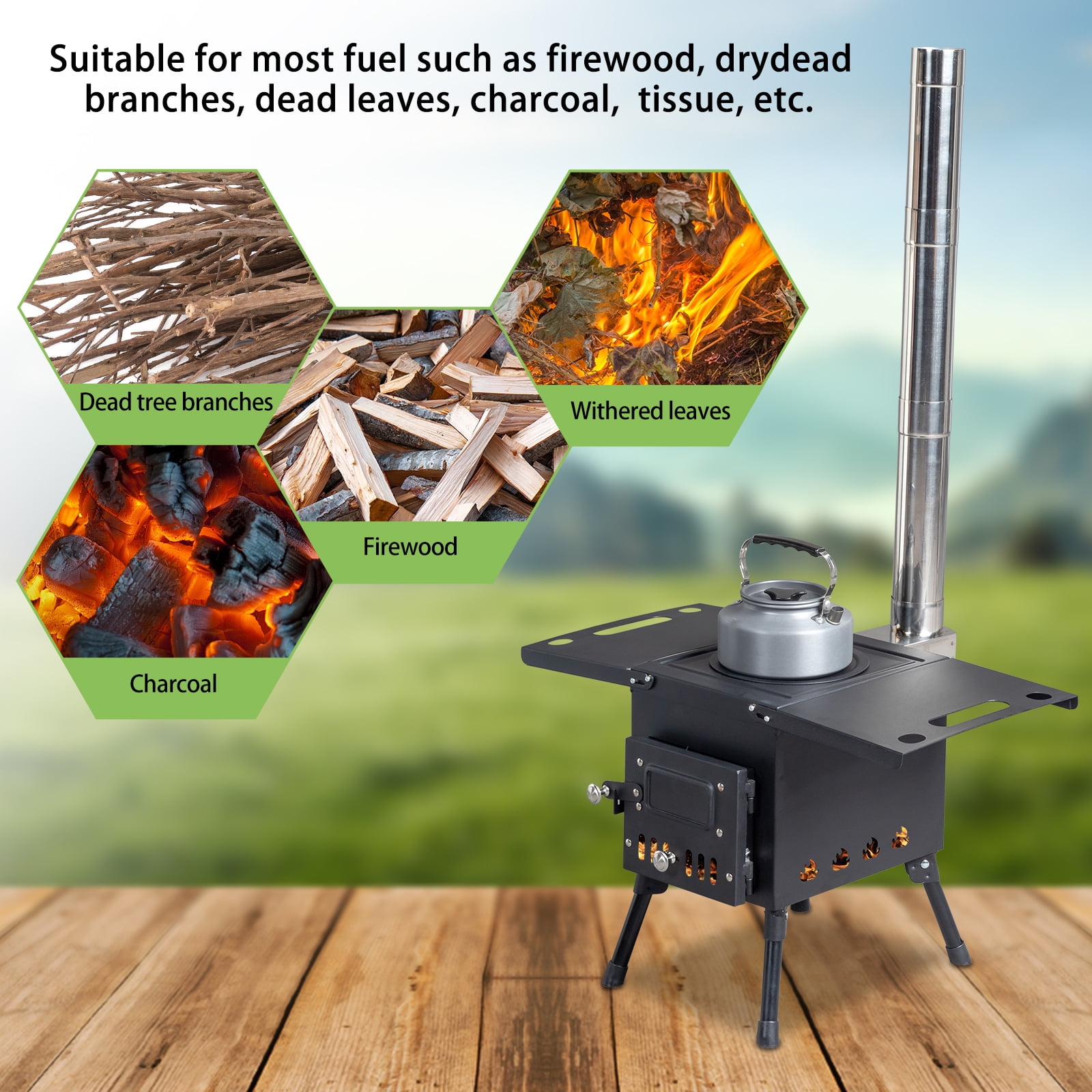 Zimtown Wood Burning Stove with Jack Chimney Pipes Small Portable for Hot Tent Camping Outdoor Cooking and Heating Black - Image 3