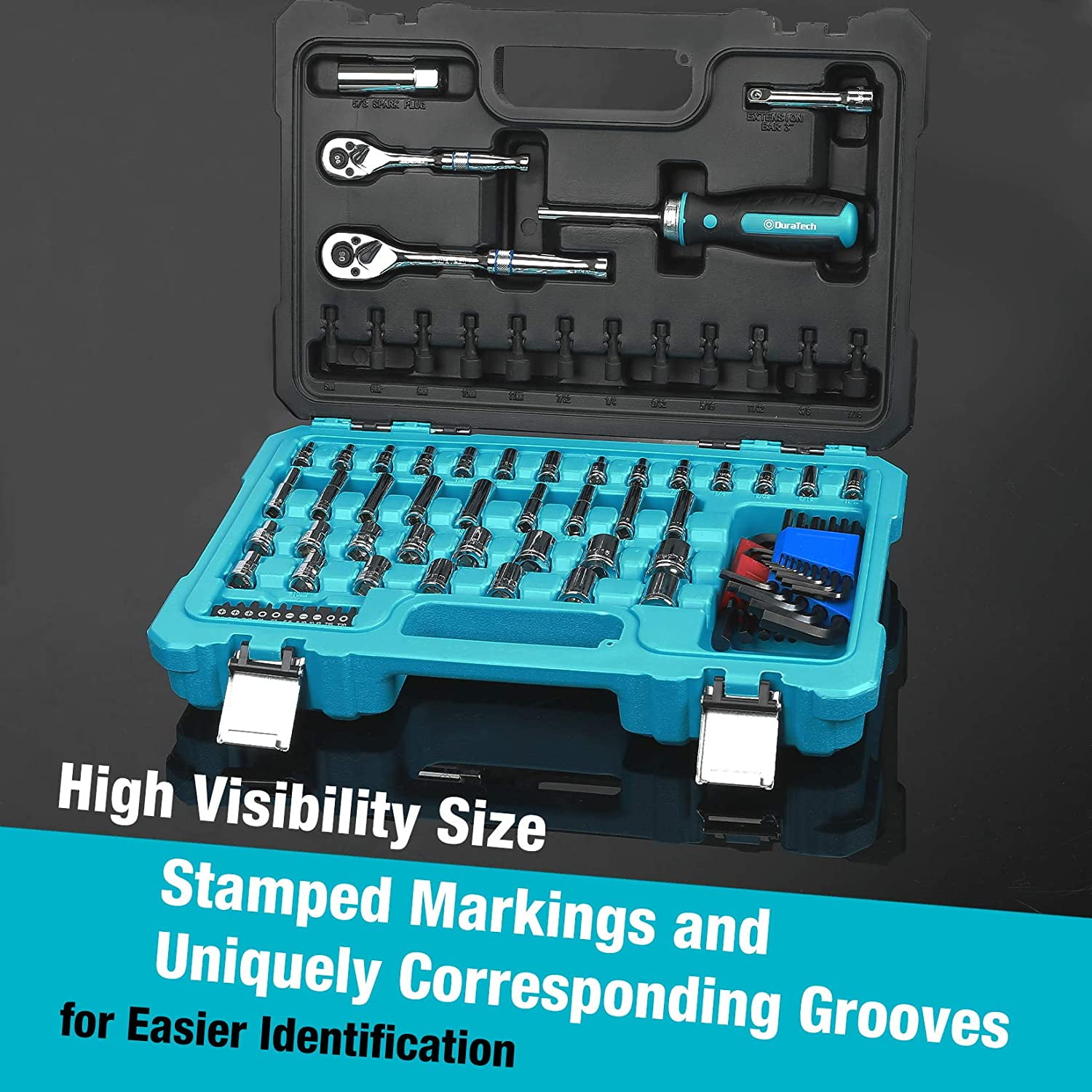 DURATECH 93 Piece Mechanics Tool Set, SAE/ Metric Drive Socket Set(1/4 inch and 3/8 inch) with Ratchiet Handle Spark Plug Magnetic Biti Driver and Tool Accessories Set - Image 5