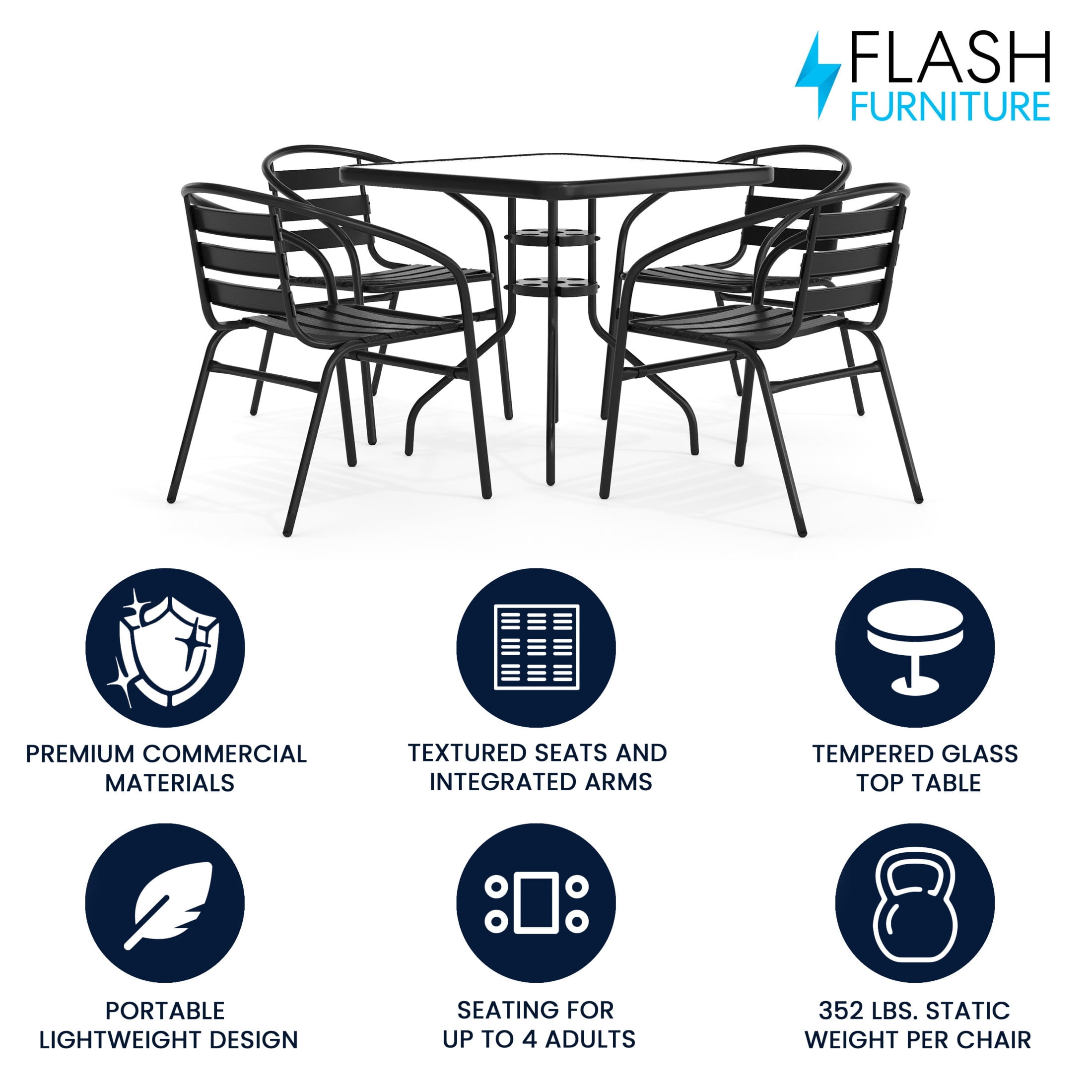 Flash Furniture 5-Piece Patio Dining Set with Square Glass Table and 4 Slat Back Chairs, Black - Image 9