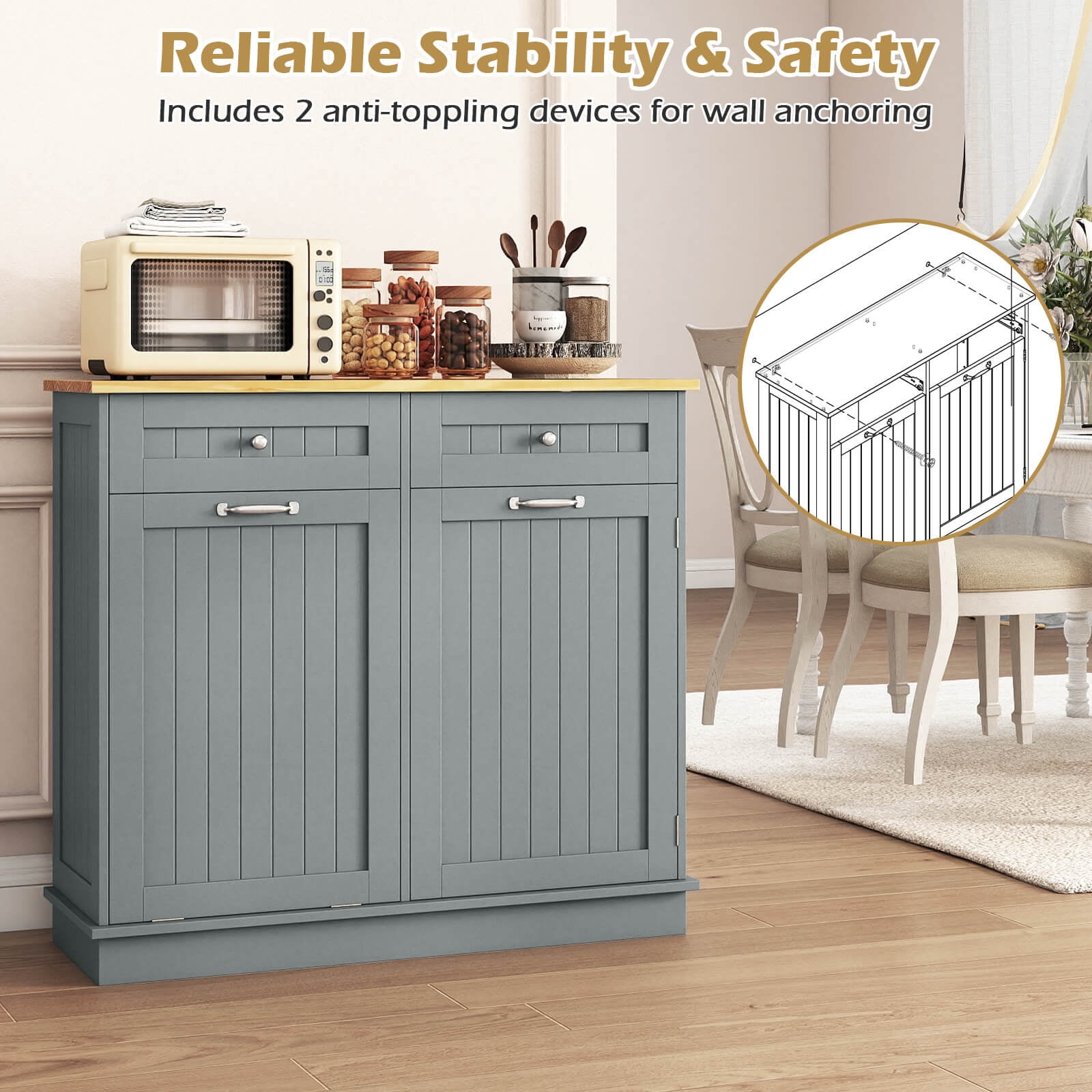 Costway 15.5 Gallon Kitchen Tilt Out Trash Cabinet Rubber Wood Tabletop 2 Drawers Shelf Gray - Image 10