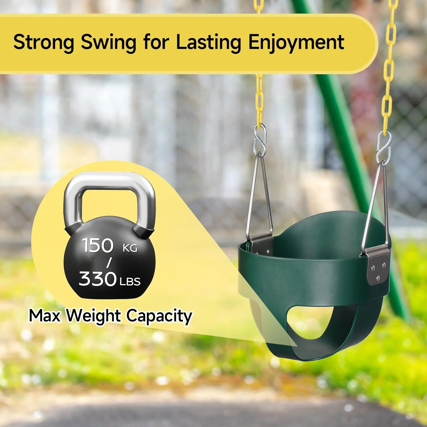 EOTVIA Toddler Swing, Heavy Duty High Back Full Bucket Toddler Swing Seat with Coated Chains, Green Baby Swing Outdoor Swing Set Accessories for Backyard Ourdoor Indoor, Easy Install,Support 330lbs - Image 4