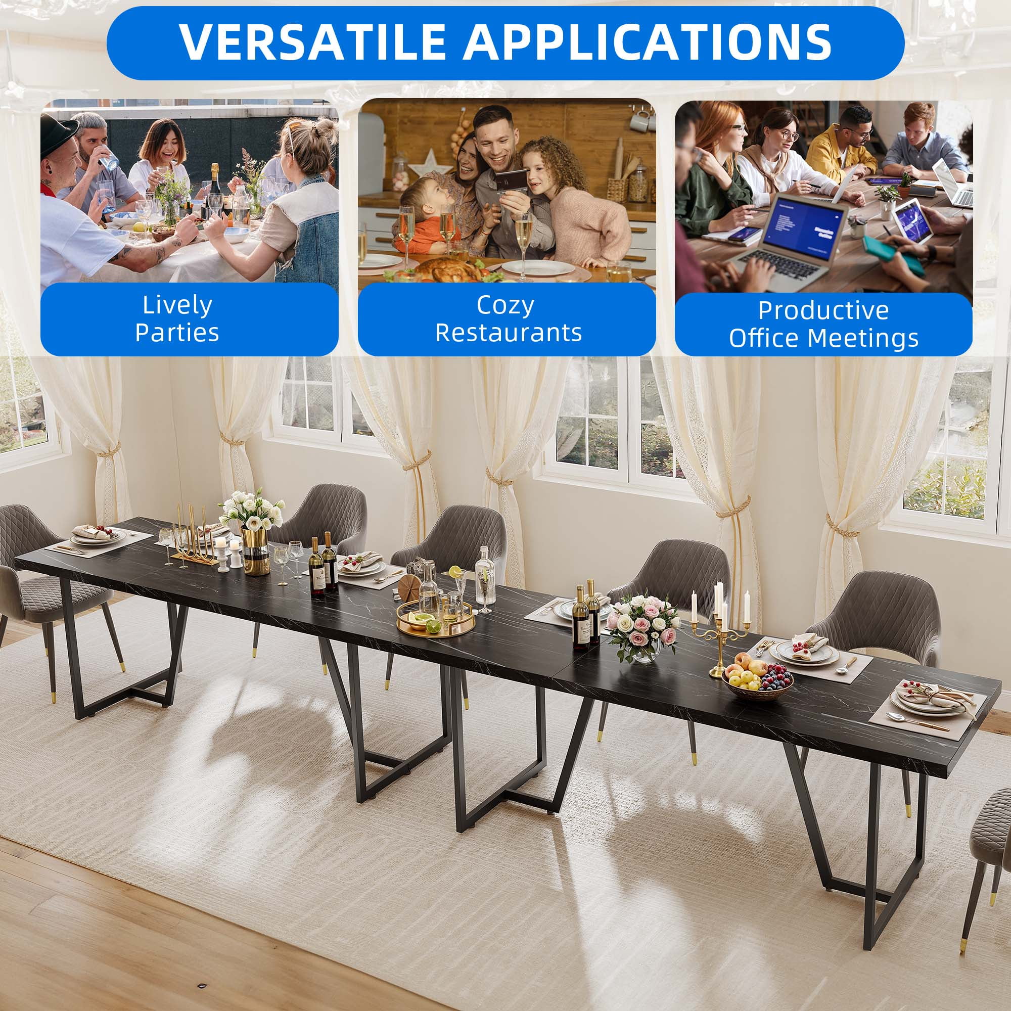 Dextrus Modern Dining Table, 82 inches Rectangle Dinner Table for 6-8 People, Faux Marble Large Kitchen Table with Gold Metal Legs for Dinner Room Kitchen, Black - Image 2