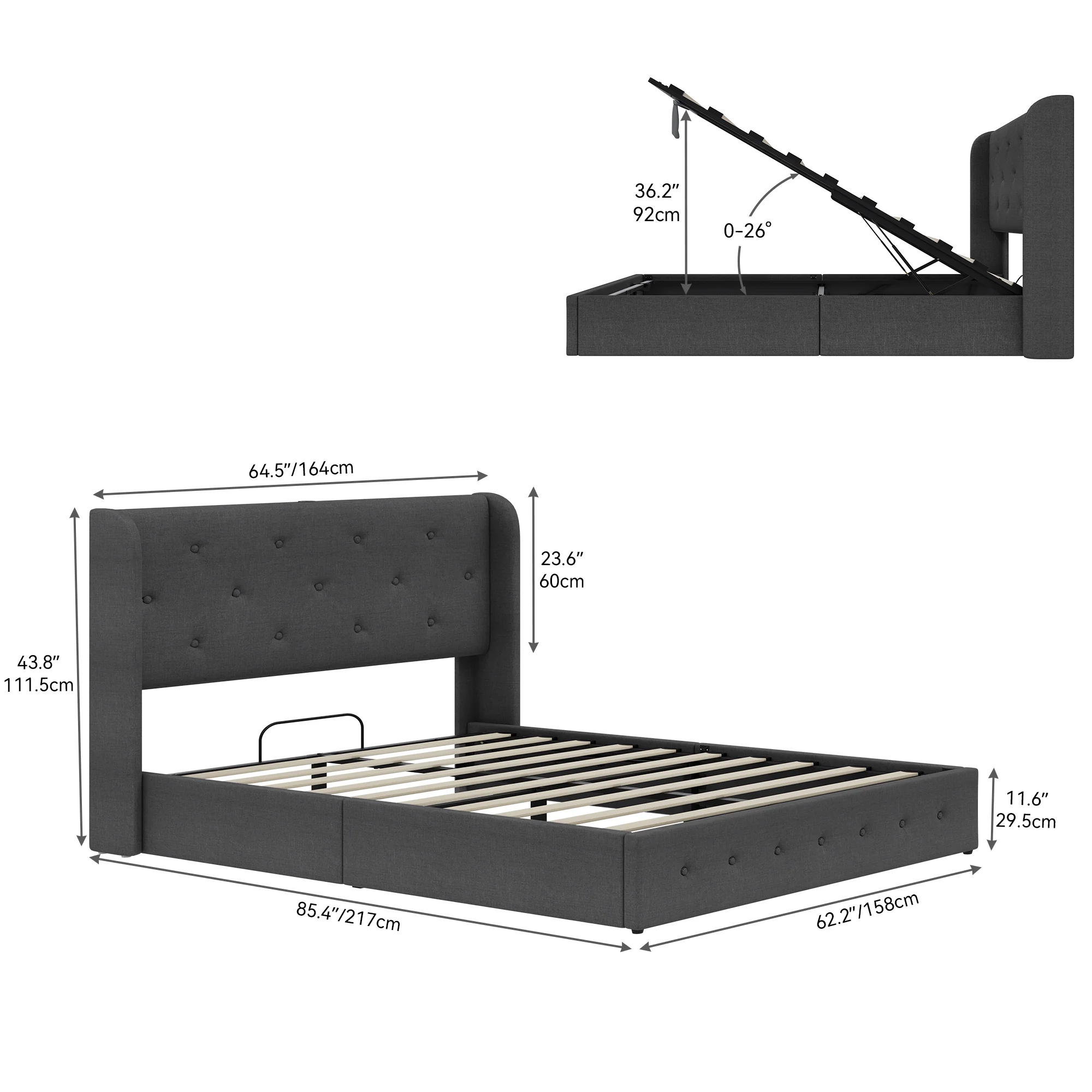 Dextrus Lift Up Storage Bed, Gray Upholstered Queen Bed Frame with Wingback Headboard, USB and Type-C Ports, No Box Spring Needed - Image 3