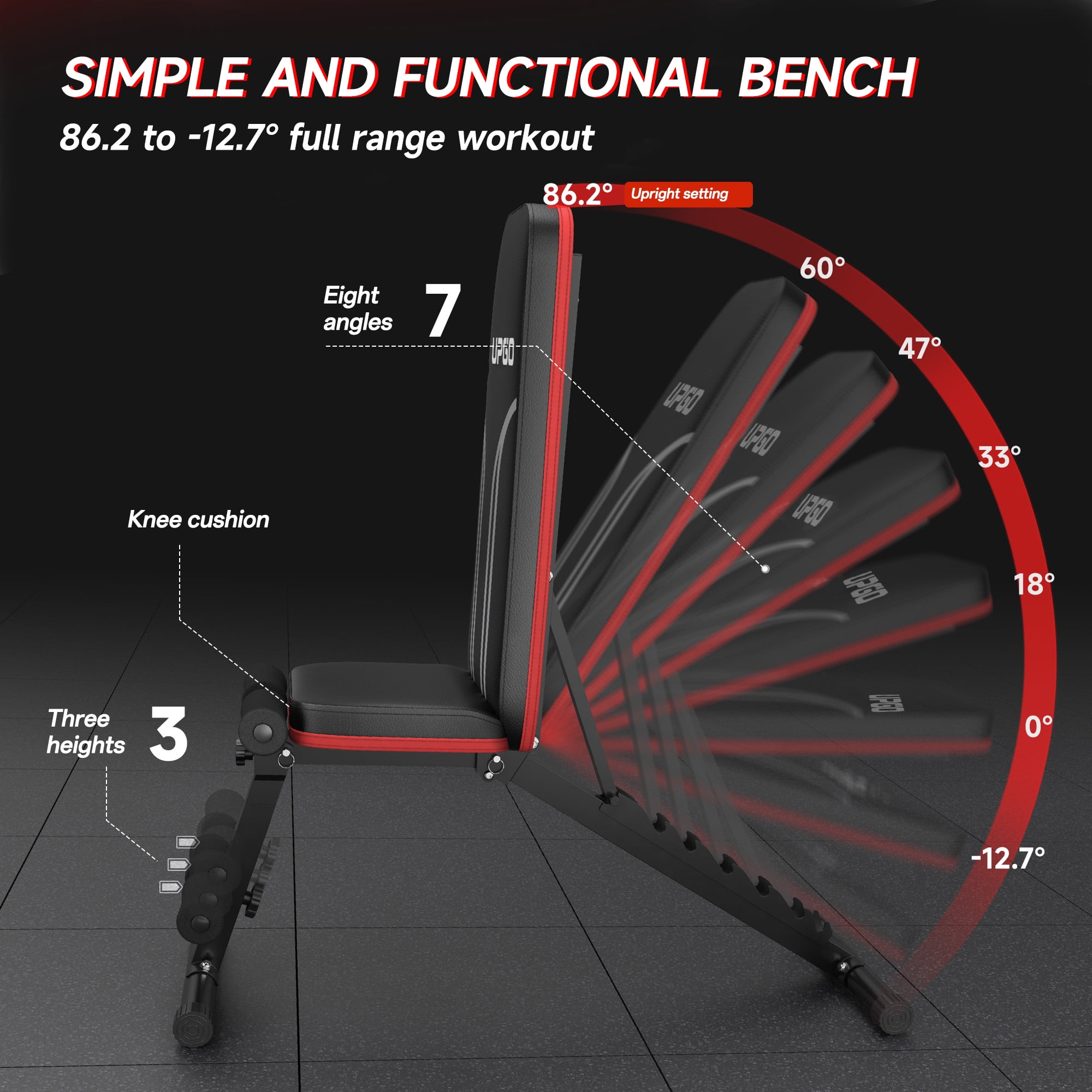 UPGO Adjustable Weight Bench with Resistance Bands, Foldable Decline Design - Image 3
