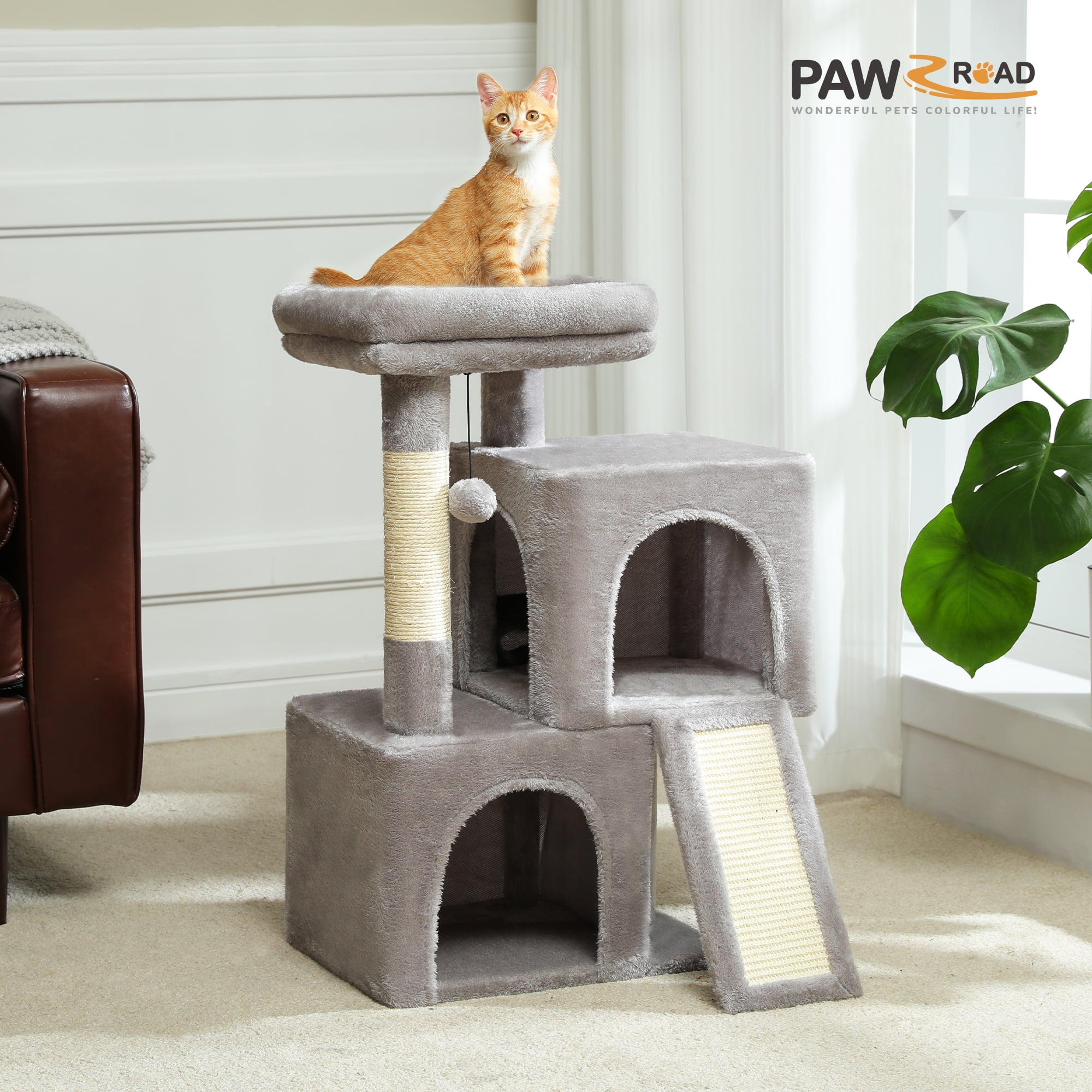 PAWZ Road 30" Cat Tree Condo with Sisal Scratcing Post Tower Ramp for Indoor Catss, Gray - Image 6