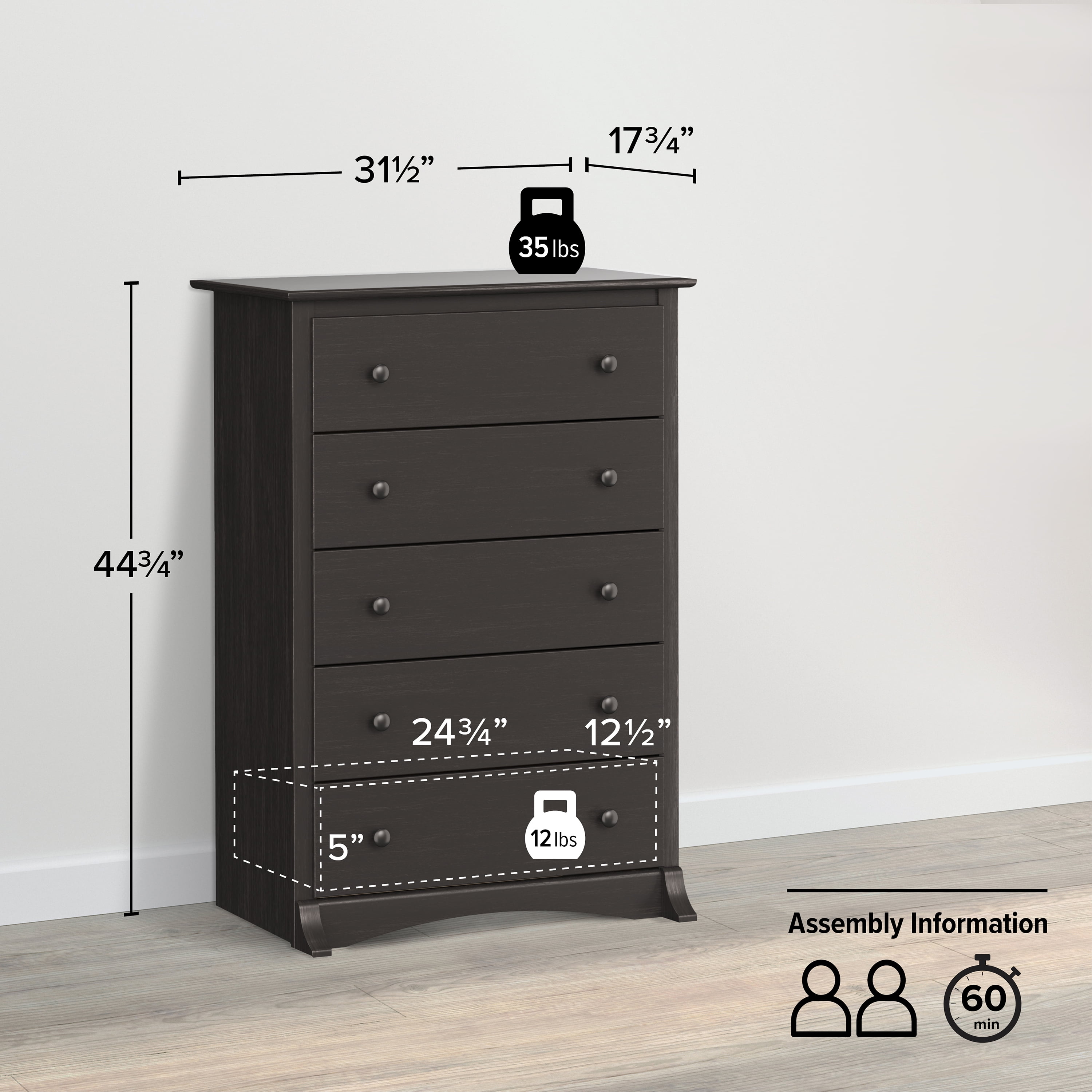 Prepac Sonoma 5-Drawer Bedroom Chest, Washed Black - Image 11