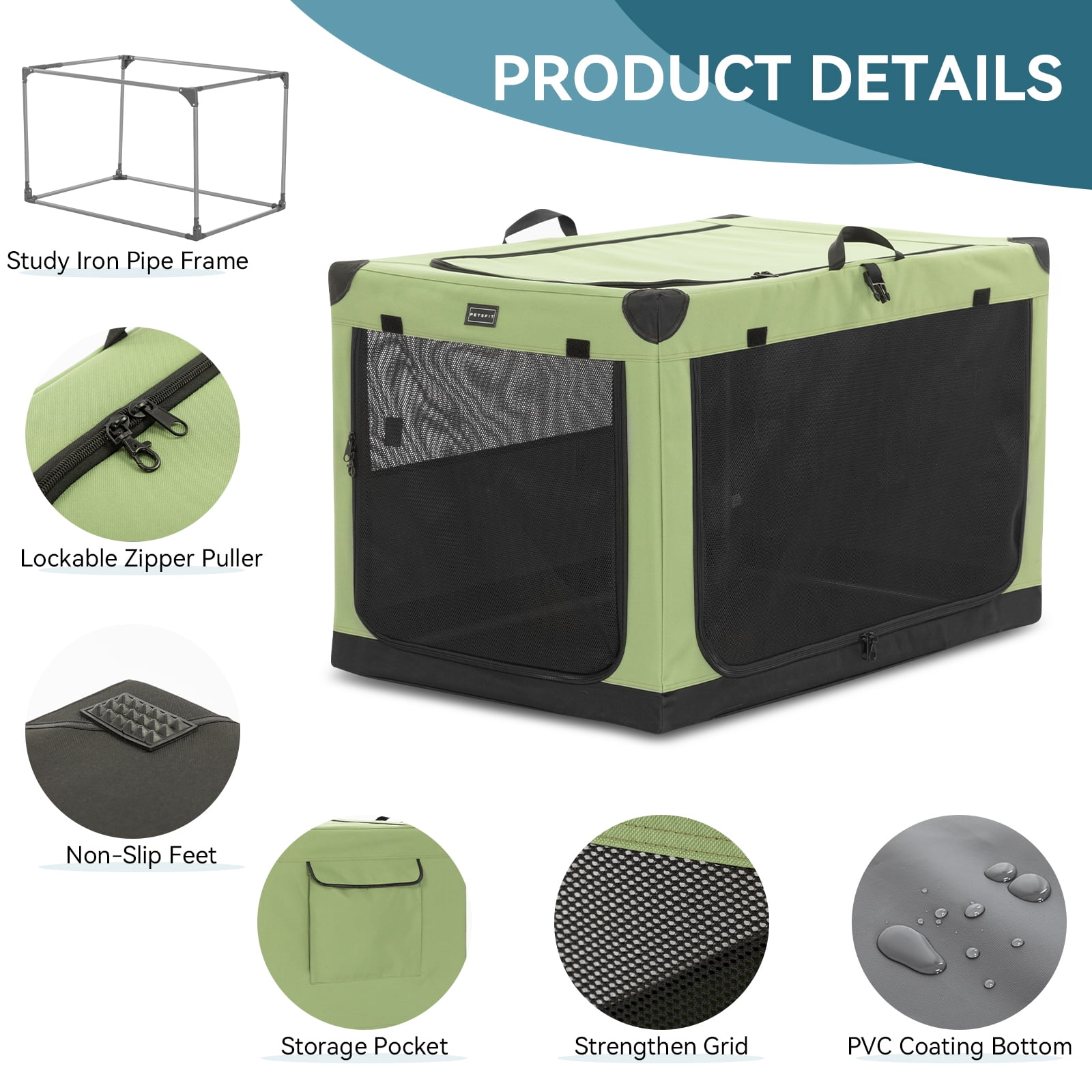 PETSFIT Soft Dog Crate- 30 Inch Lightweight, Easy Setup, Sturdy Soft Sided Dog Crate, Adjustable Framework with 3 Mesh Door, Dog Travel Crate Green - Image 3
