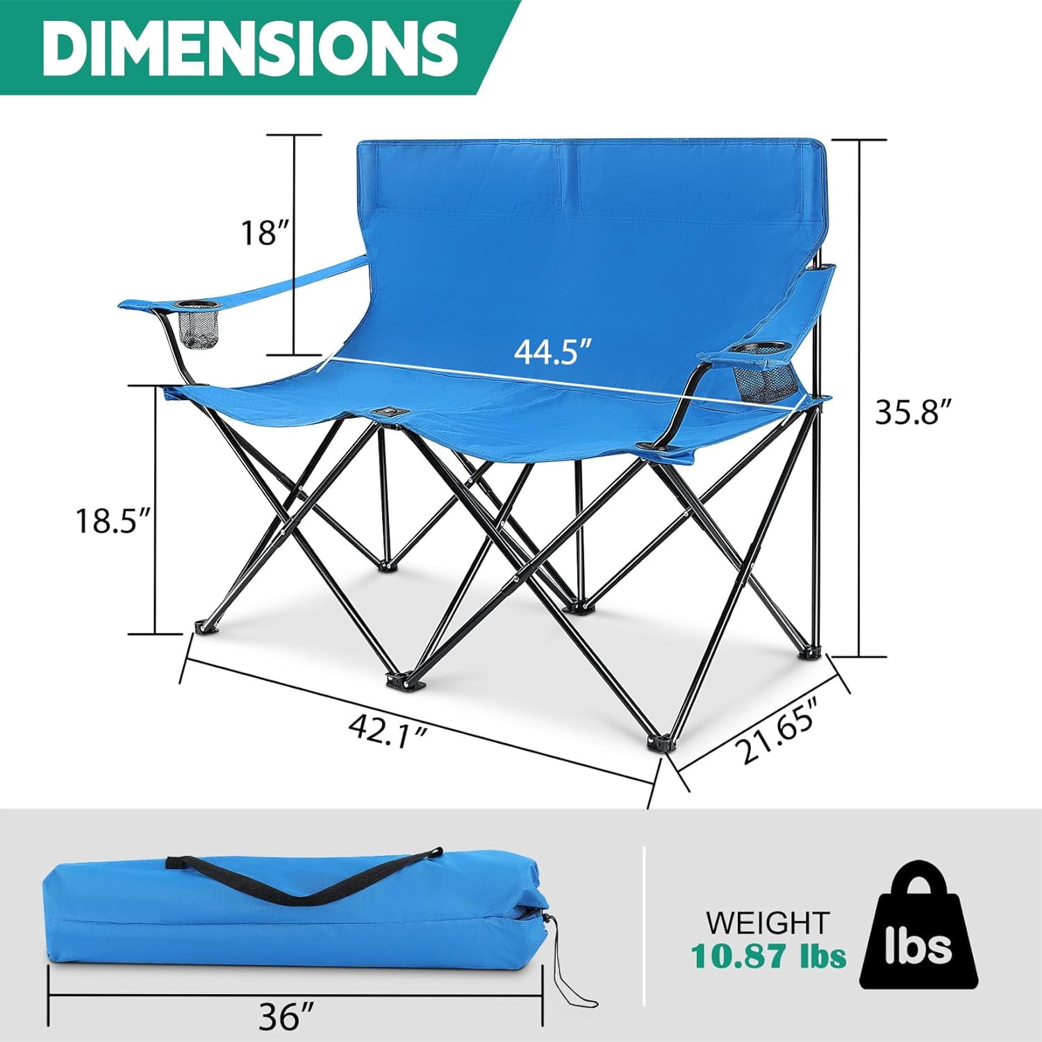 Double Camping Chair, Outdoor Folding Loveseat Chair Supports 500 LBS, Portable Oversized Lawn Chair with Cup Holders for Backpacking Hiking Picnic, Sturdy Steel Frame & 600D Oxford Fabric - Image 4