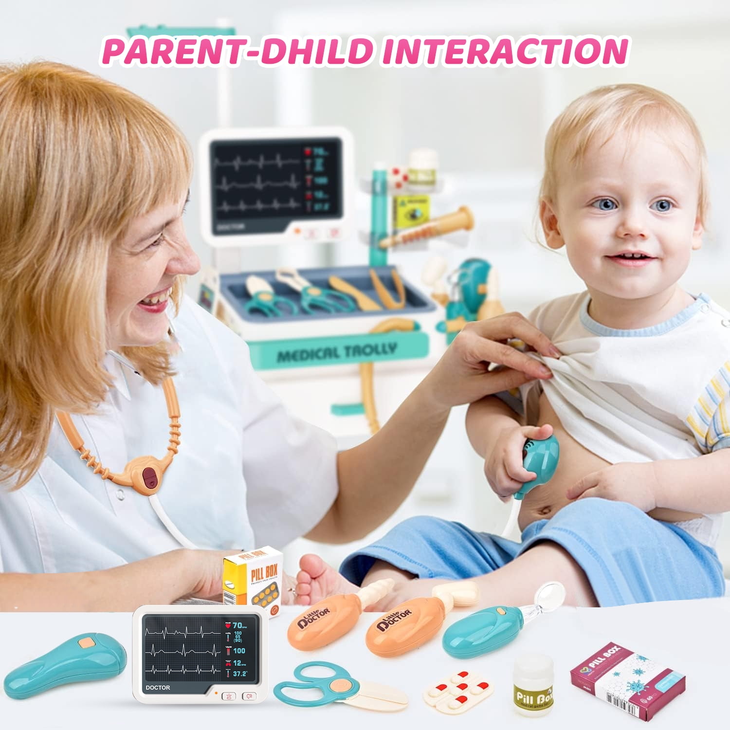 PayUSD Doctor Kit for Kids Doctor Set Pretend Play Medical Kit Station Set for Girls Boys Dr. Playset Role Play Mobile Cart Trolley for Toddler Toys Christmas Gift, 26 PCS - Image 6