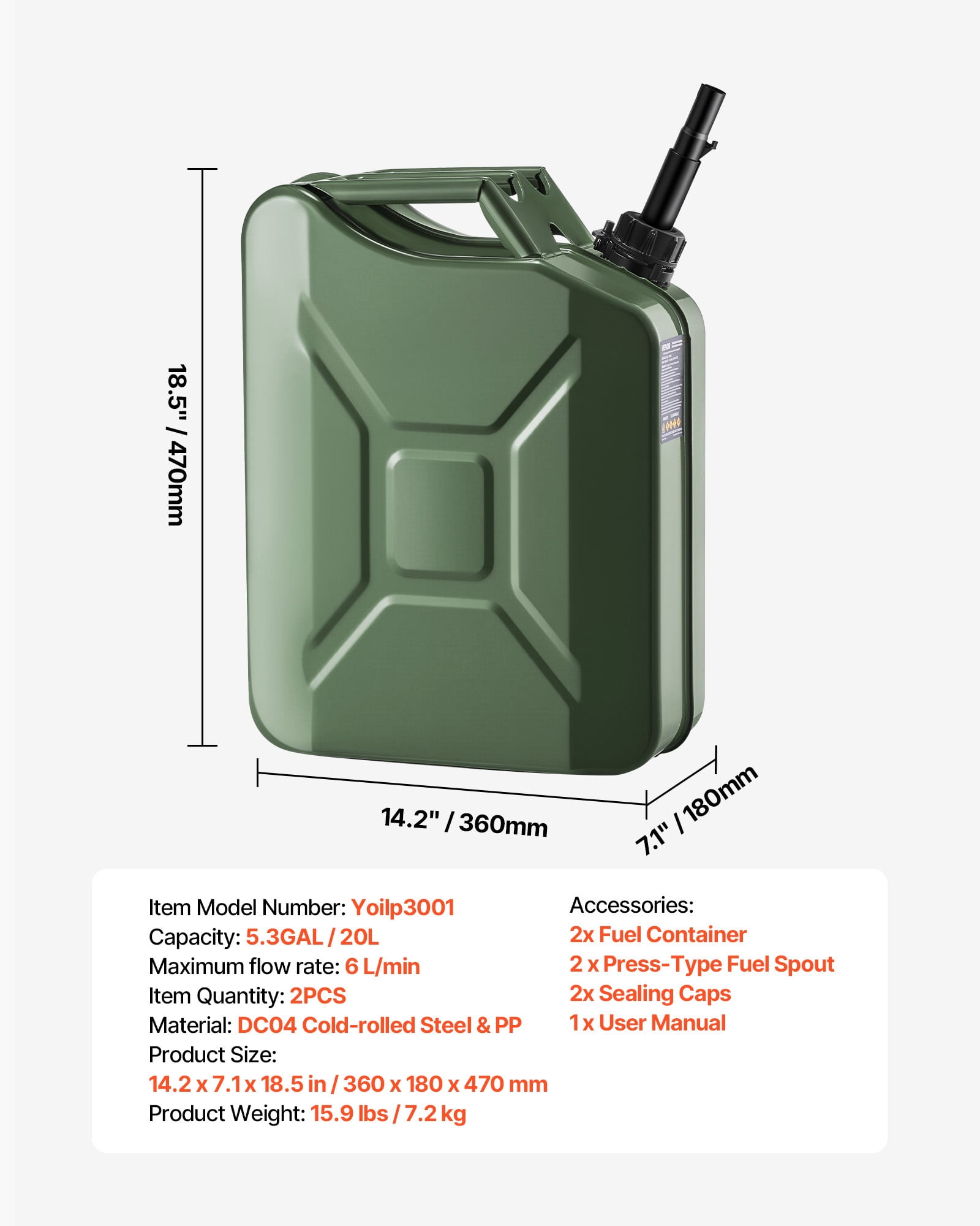 BENTISM, 5.3 Gallon / 20 L Portable Jerry Gas Can Flexible Spout System 2pcs Green - Image 9