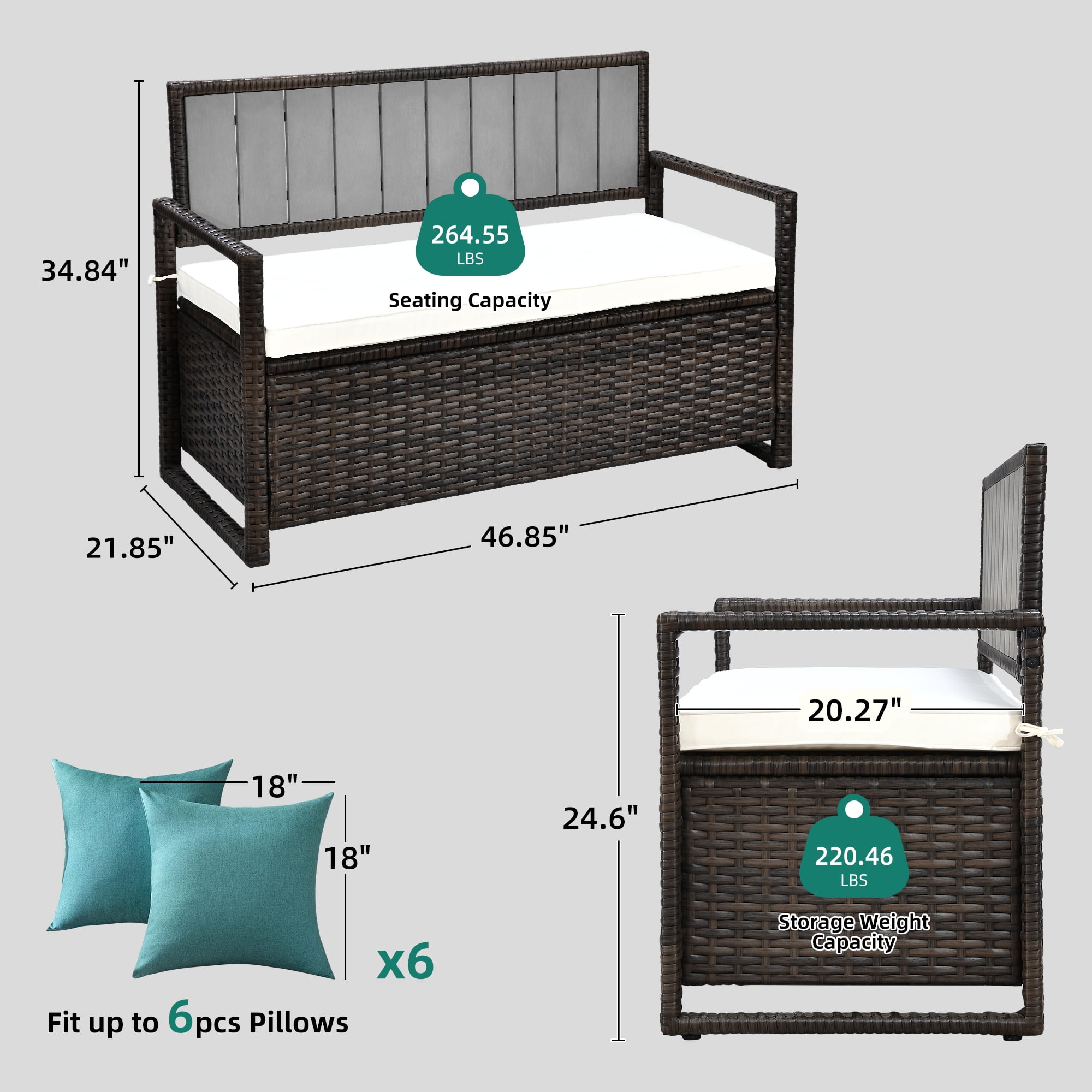 Dextrus 70 Gallon Outdoor Storage Bench Loveseat, Wicker Storage Seat for Patio Furniture, Outdoor Cushions, Pool Storage - Brown - Image 3