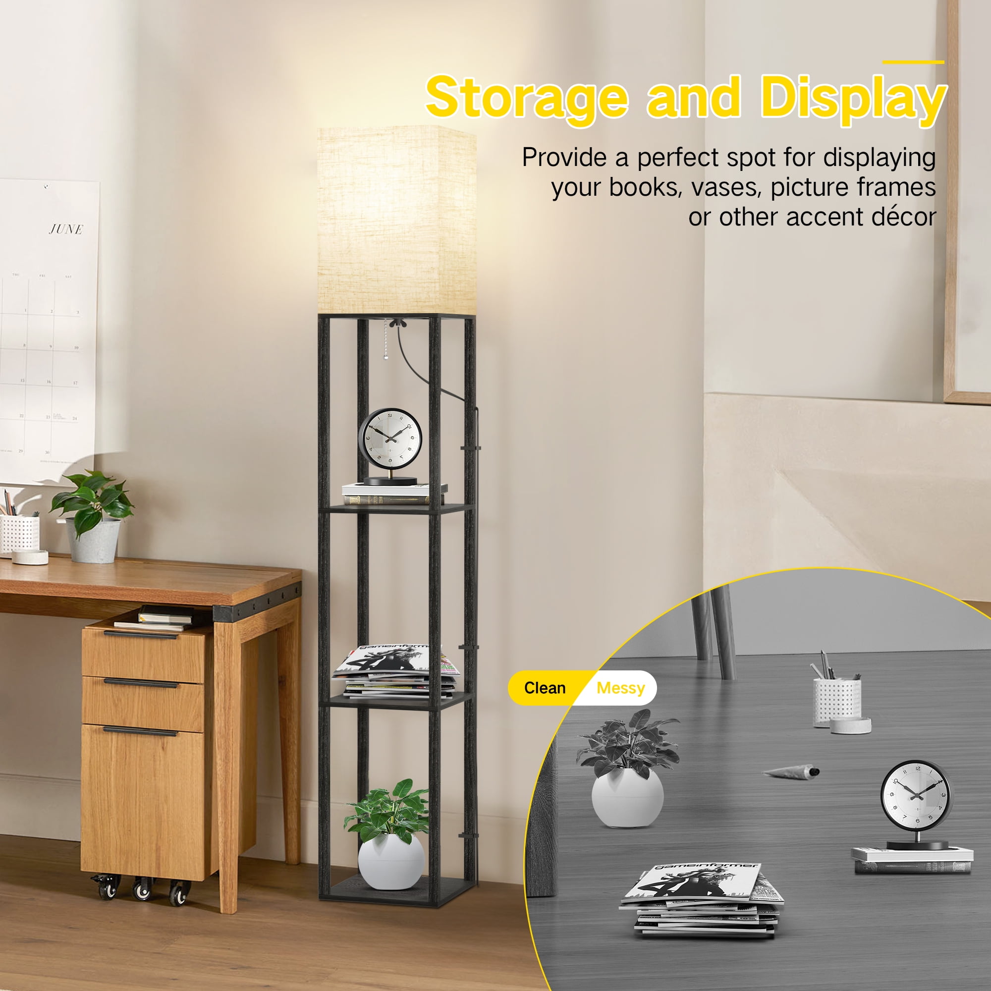 OUTON 63" Floor Lamp with Shelves, Modern Dimmable Standing Lamps with Remote Control for Living Room, Bedroom, Black - Image 12