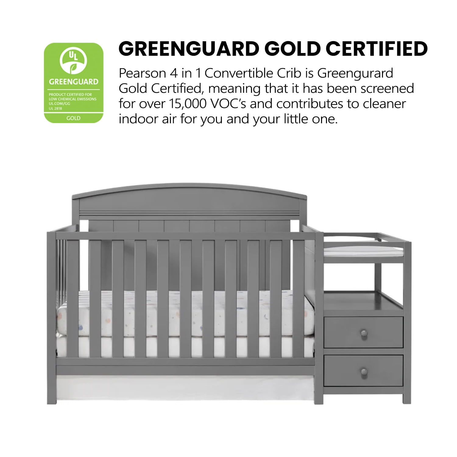 Oxford Baby Pearson 4-in-1 Convertible Crib & Changing Station, Dove Gray, GREENGUARD Gold Certified, Wooden Crib - Image 4