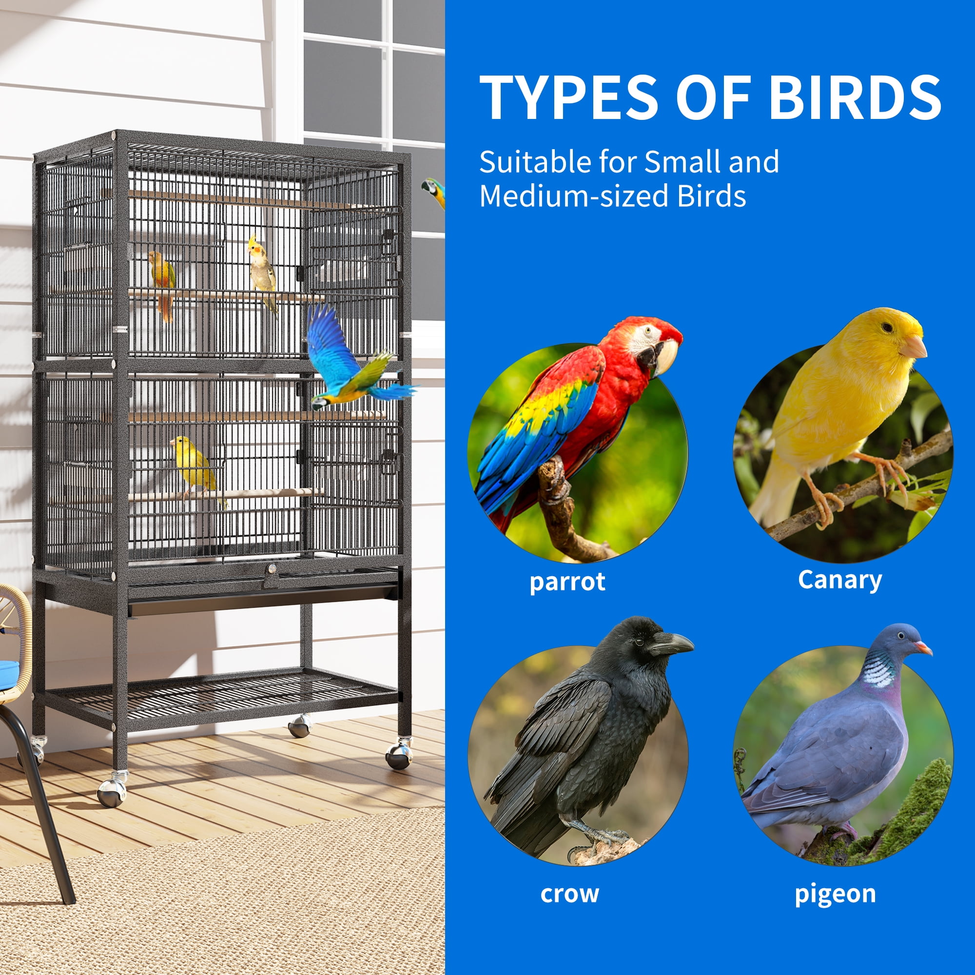 Dextrus 52" Metal Bird Cage with Rolling Stand and Castor Wheels, Large Bird Cages for Parakeets, Parrots, Cockatiels, Pigeons with 2 Free Bird Coverss - Image 2