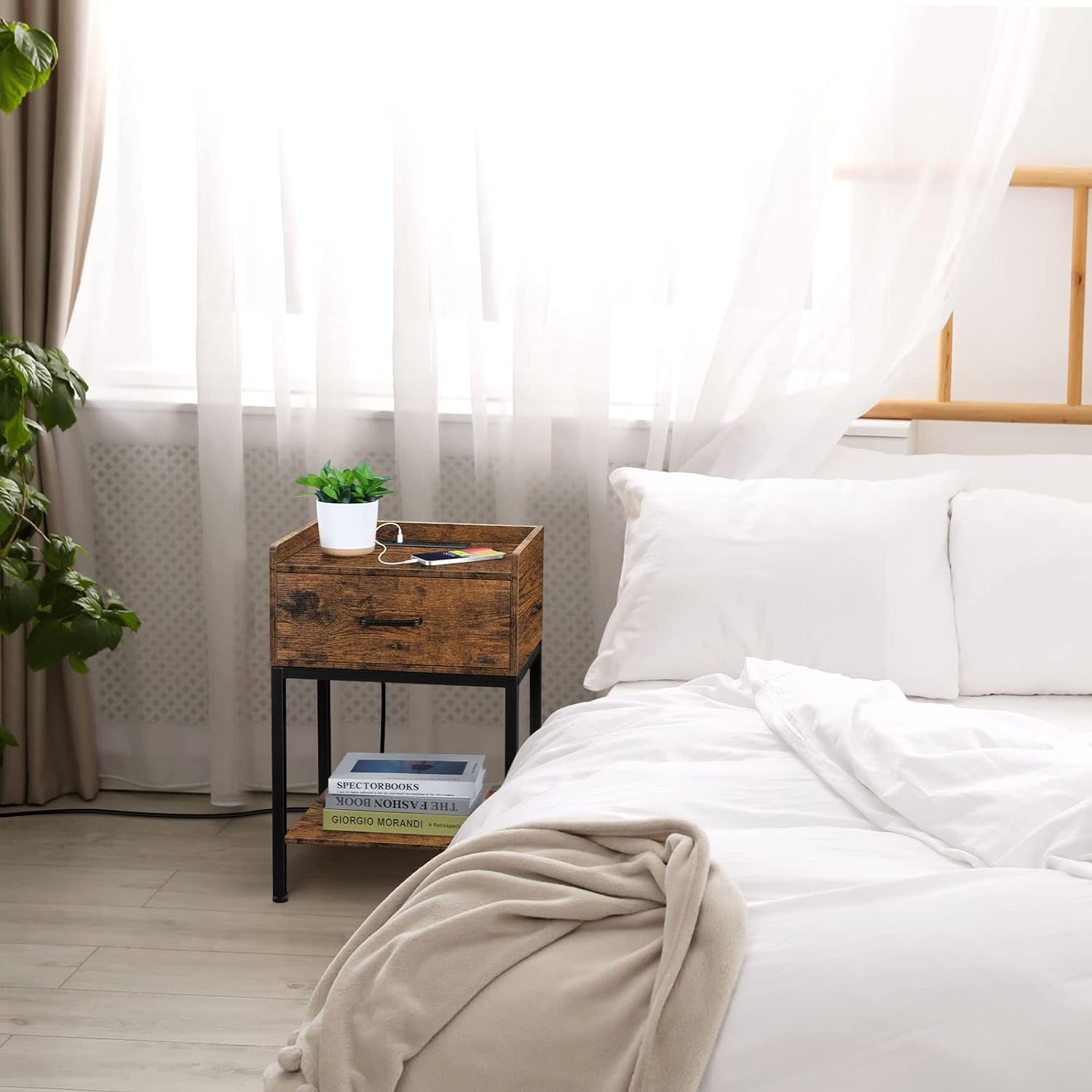 Oumilen Nightstand with Charging Station and Drawer, Brown - Image 2