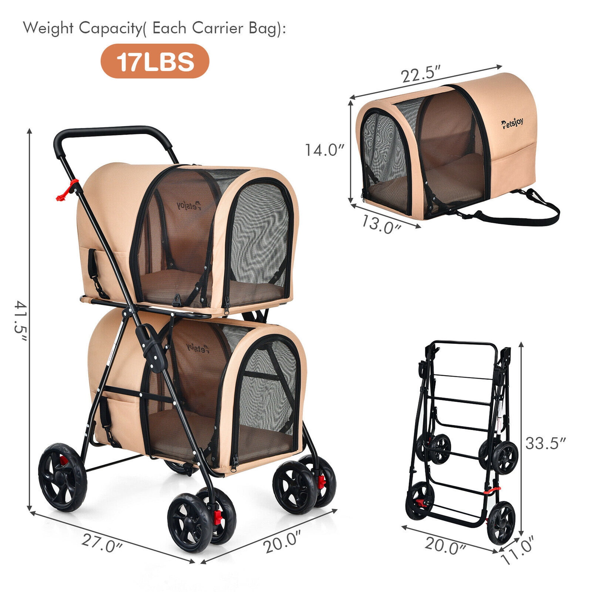 Gymax 4-in-1 Double Pet Stroller w/ Detachable Carrier Travel Carriage for Cats Beige - Image 6