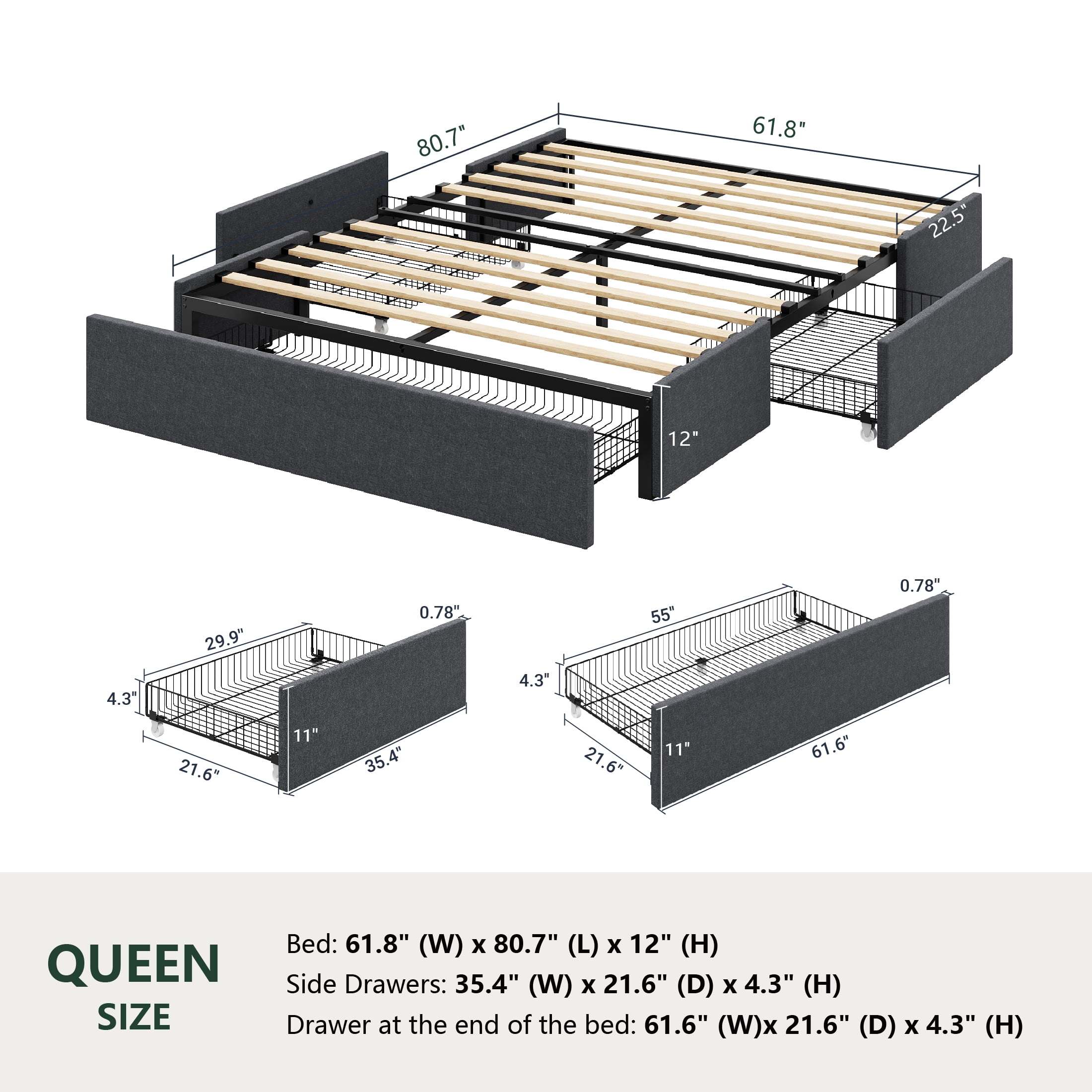 Amolife Queen Size Upholstered Platform Bed Frame with 3 Storage Drawers, Dark Grey - Image 2