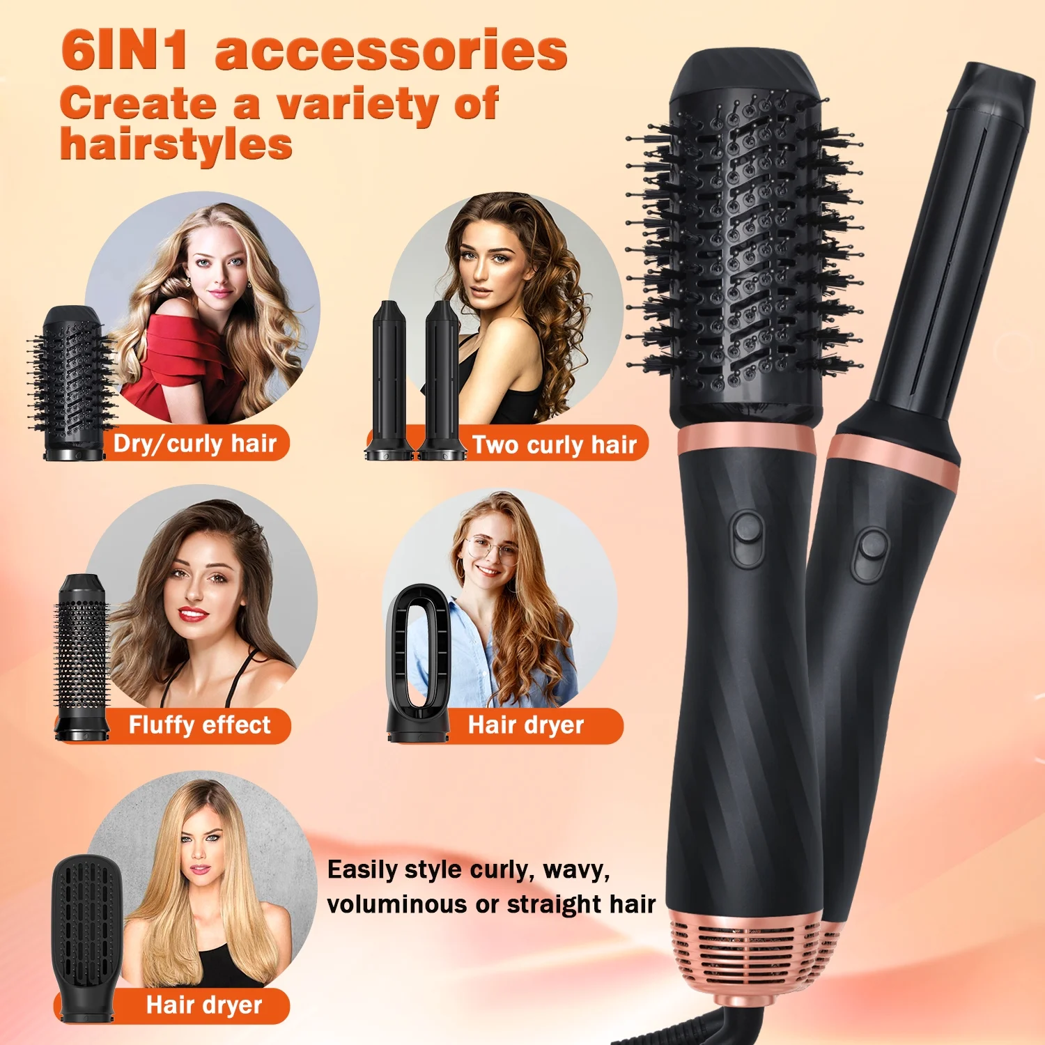 Atopskins 6 in 1 Hot Air Brush, Professional Hair Dryer Brush Blow Dryer Brush Detachable Design Styling Tools 3 Temp for Straightening, Curling and Drying - Image 7