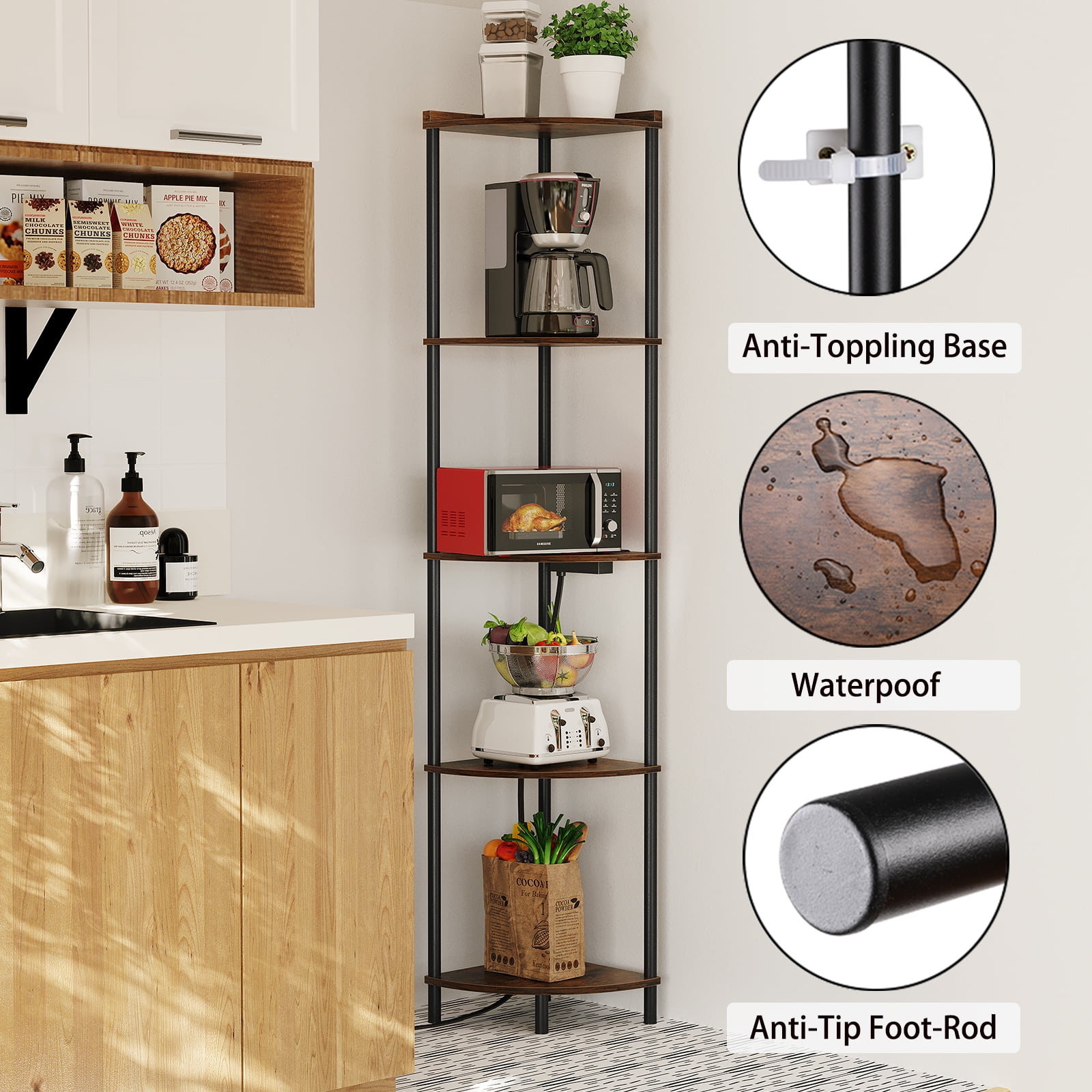 SUNMORY 5 Tier 65 in Wood and Metal Walnut Corner Bookcase with 2 USD Ports and 2 Power Outlets - Image 3