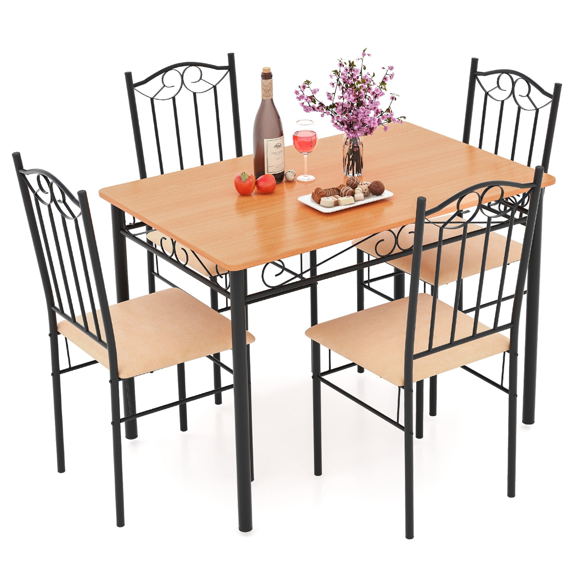 Costway 5 PCS Dining Set Wood Metal 30" Table & 4 Chairs Upholstered Kitchen Breakfast Furniture - Image 2
