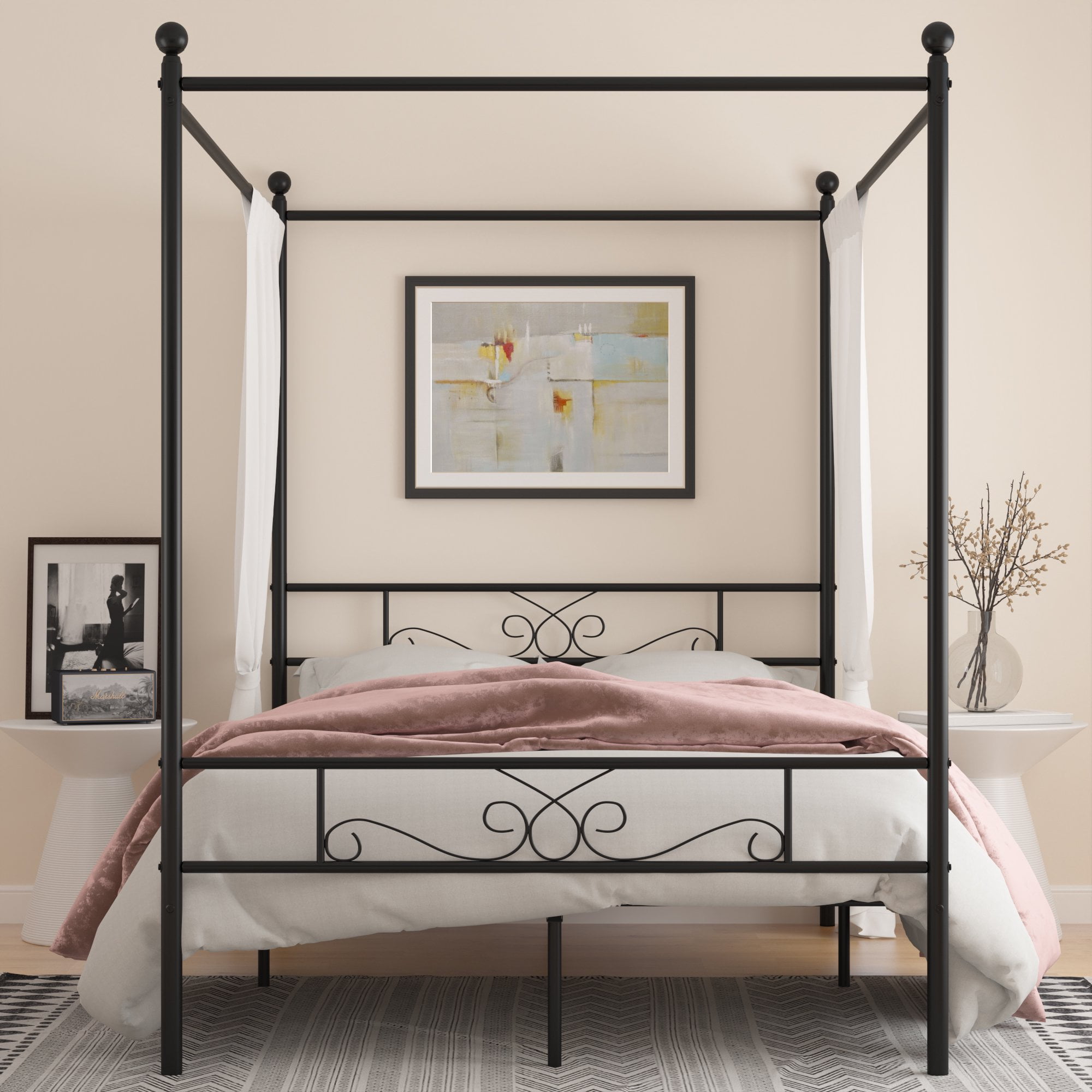 Yoneston Queen Canopy Platform Bed with Vintage Line Pattern Headboard & Footboard, Sturdy Metal Bed Frame for Apartment Hotel House, Black - Image 5